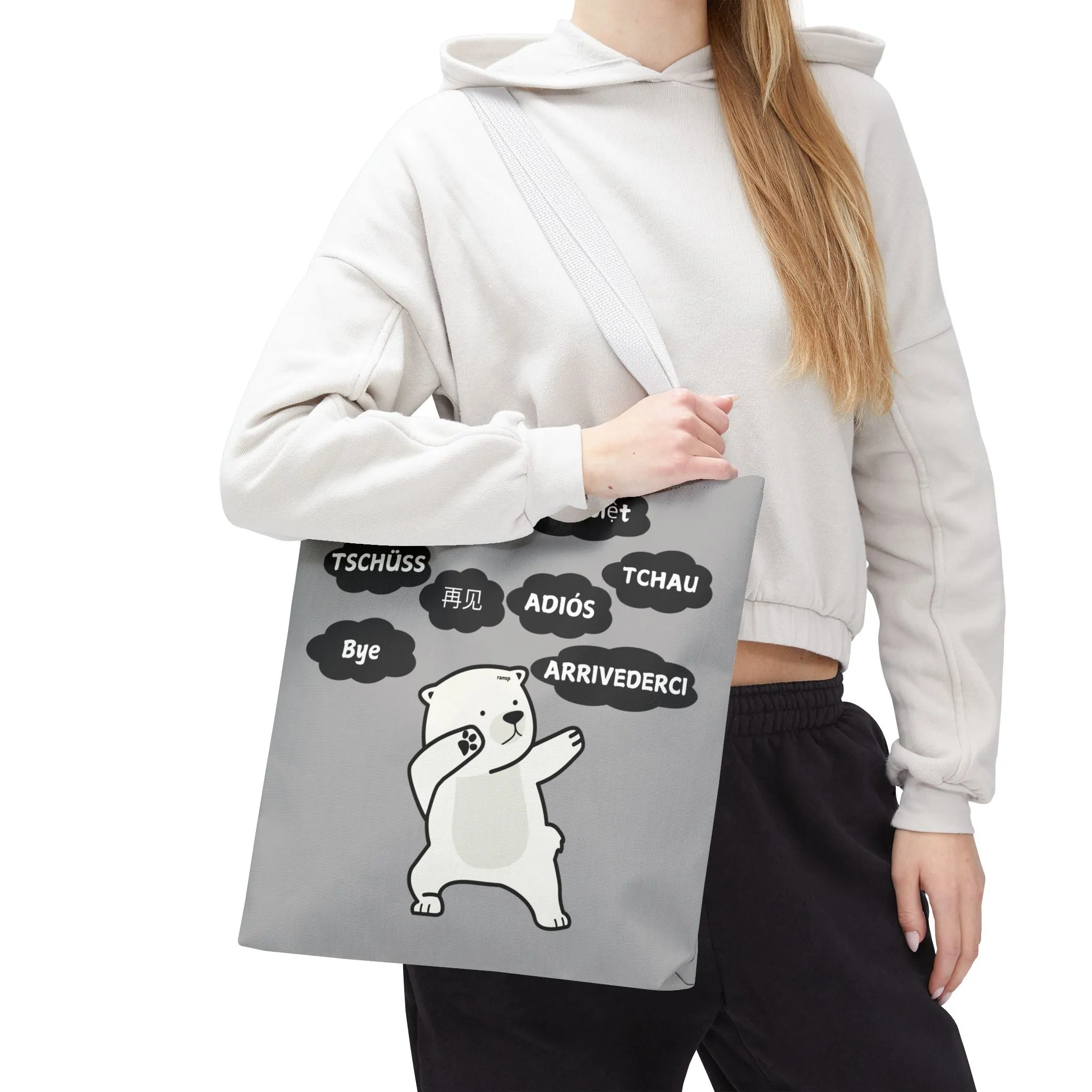 Light Grey Multilingual Farewell Tote Bag with Dancing Bear Design- Perfect for Friendship Gifts, Bag for Shopping, Everyday Shopping bag