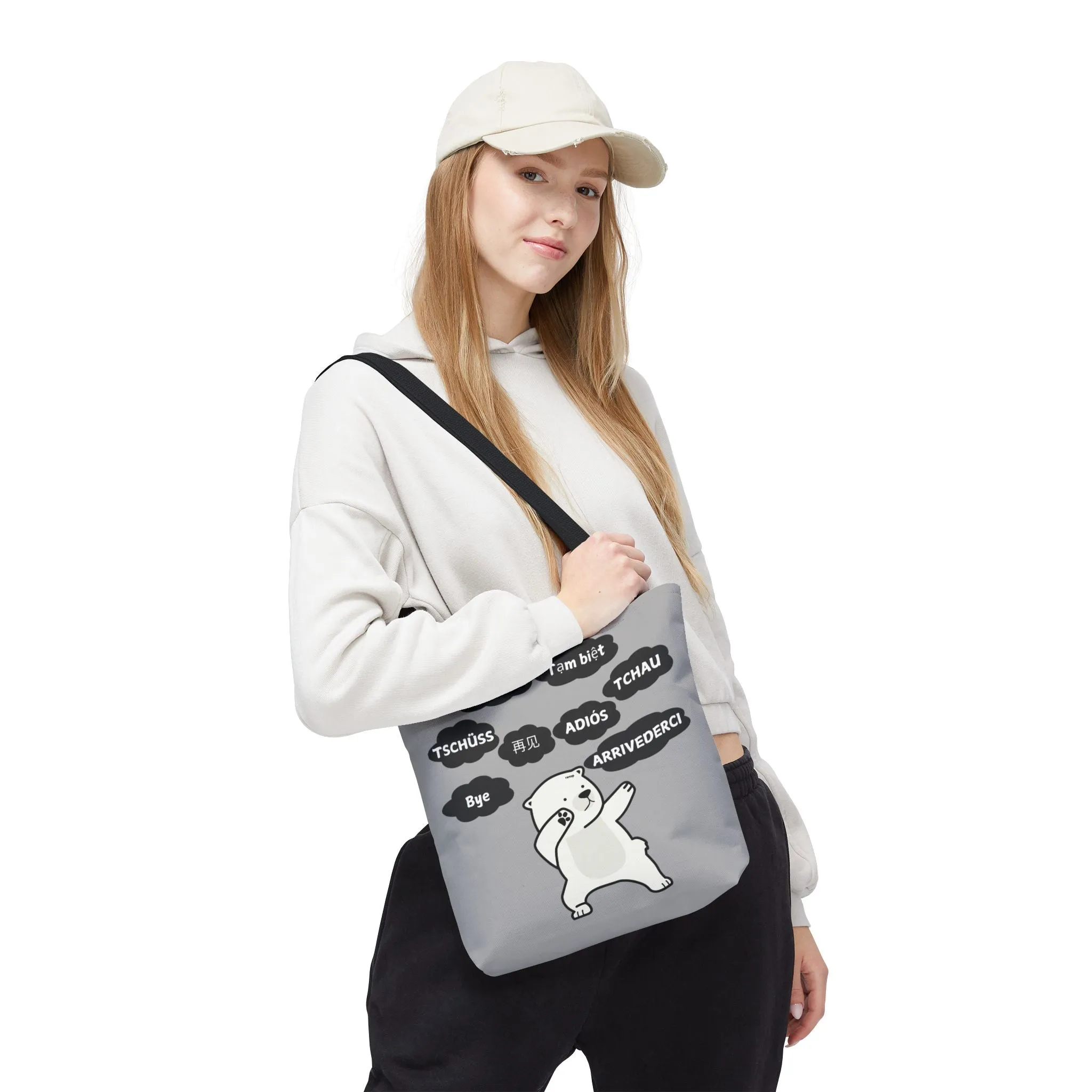 Light Grey Multilingual Farewell Tote Bag with Dancing Bear Design- Perfect for Friendship Gifts, Bag for Shopping, Everyday Shopping bag