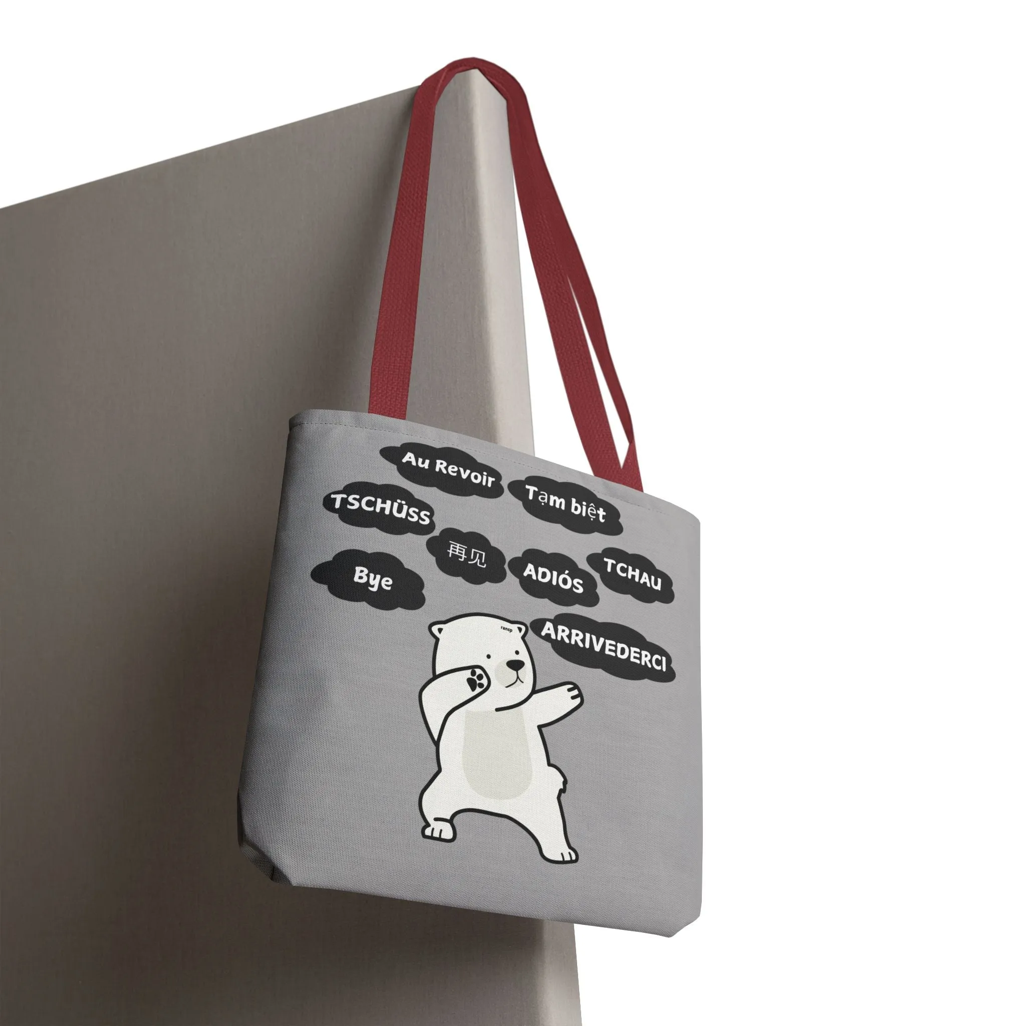Light Grey Multilingual Farewell Tote Bag with Dancing Bear Design- Perfect for Friendship Gifts, Bag for Shopping, Everyday Shopping bag