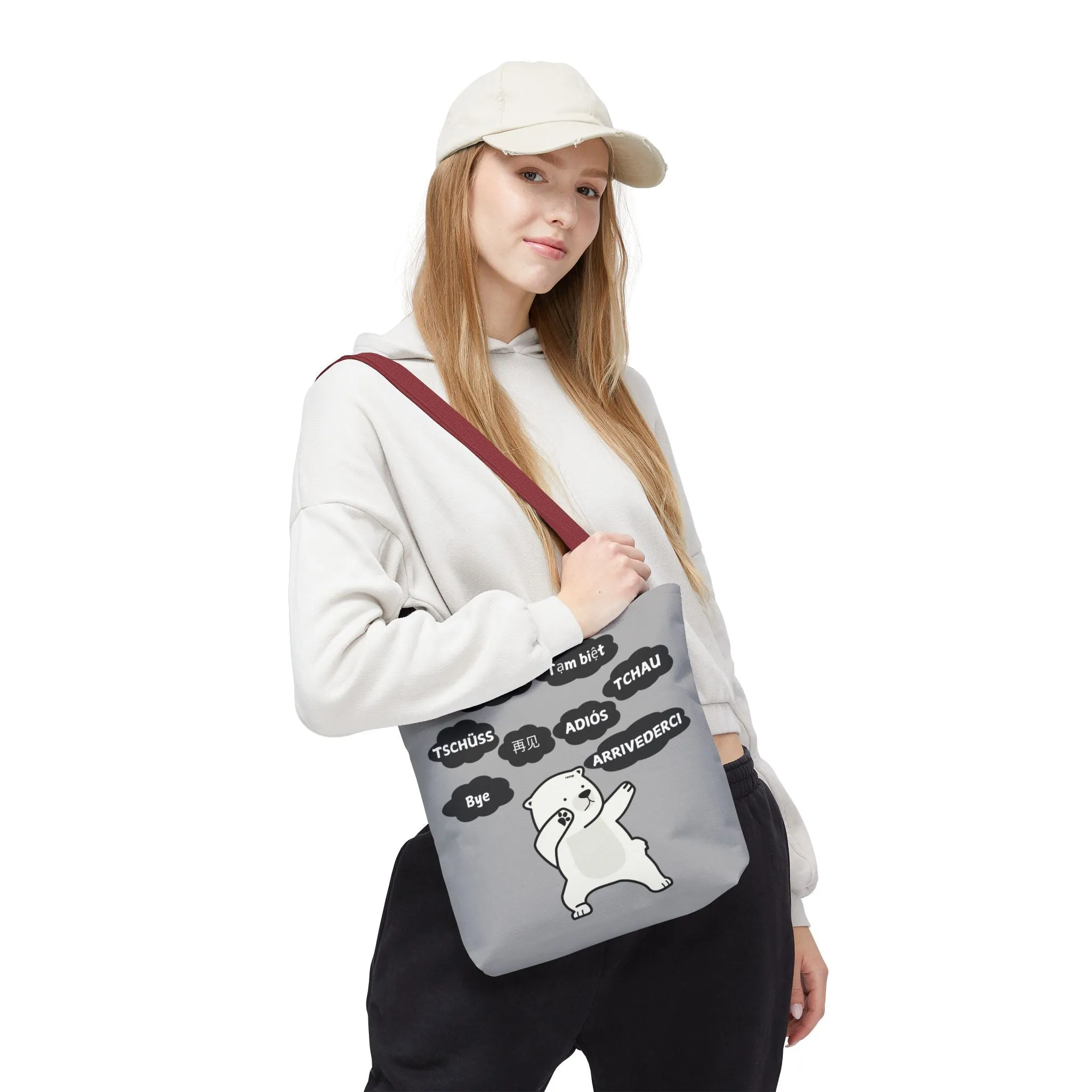 Light Grey Multilingual Farewell Tote Bag with Dancing Bear Design- Perfect for Friendship Gifts, Bag for Shopping, Everyday Shopping bag