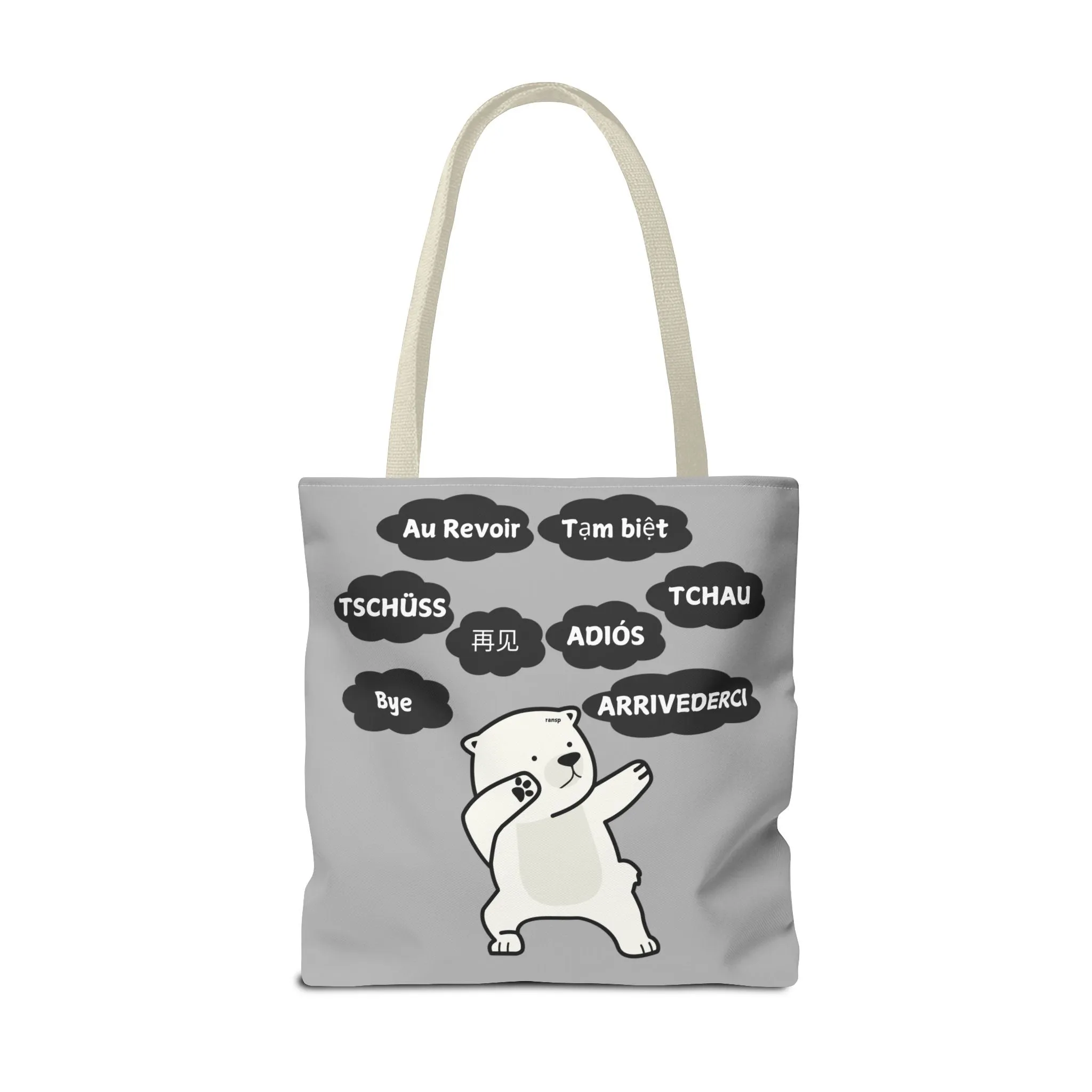 Light Grey Multilingual Farewell Tote Bag with Dancing Bear Design- Perfect for Friendship Gifts, Bag for Shopping, Everyday Shopping bag