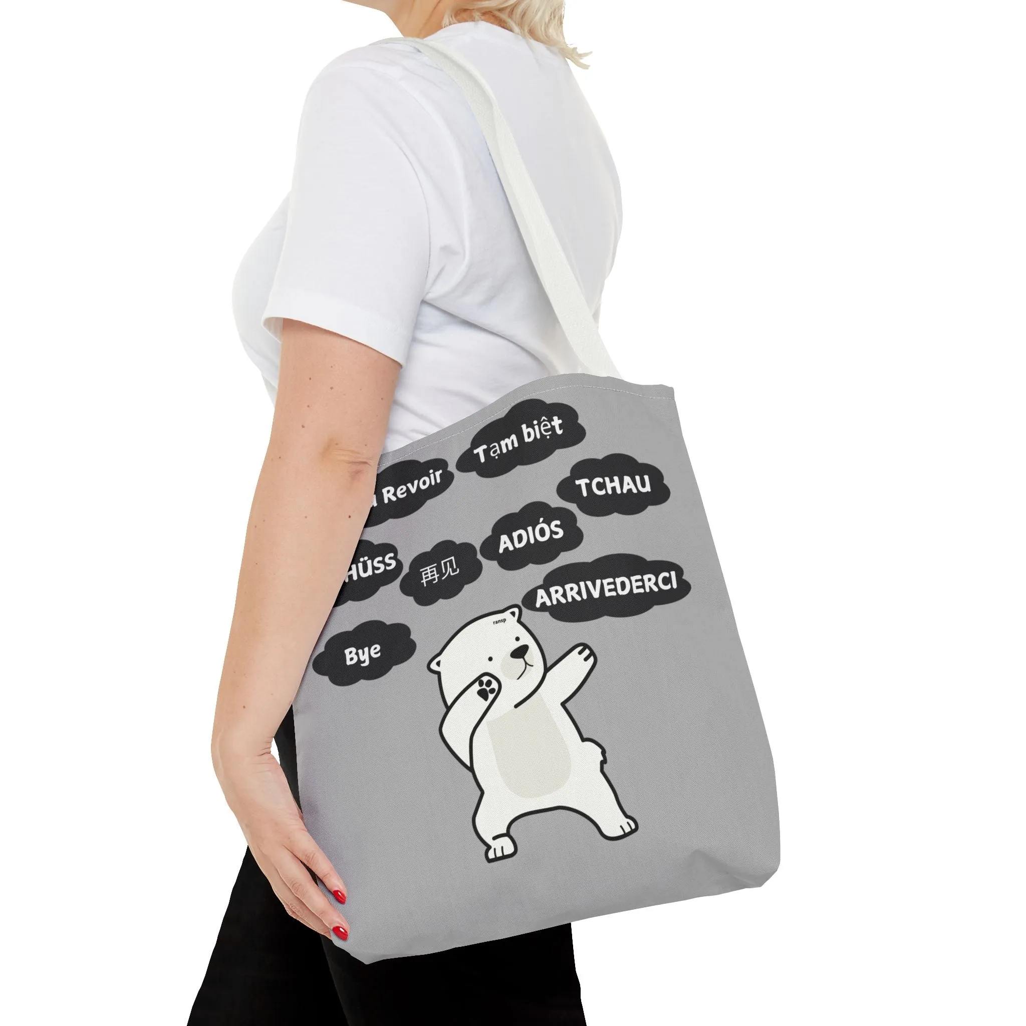 Light Grey Multilingual Farewell Tote Bag with Dancing Bear Design- Perfect for Friendship Gifts, Bag for Shopping, Everyday Shopping bag