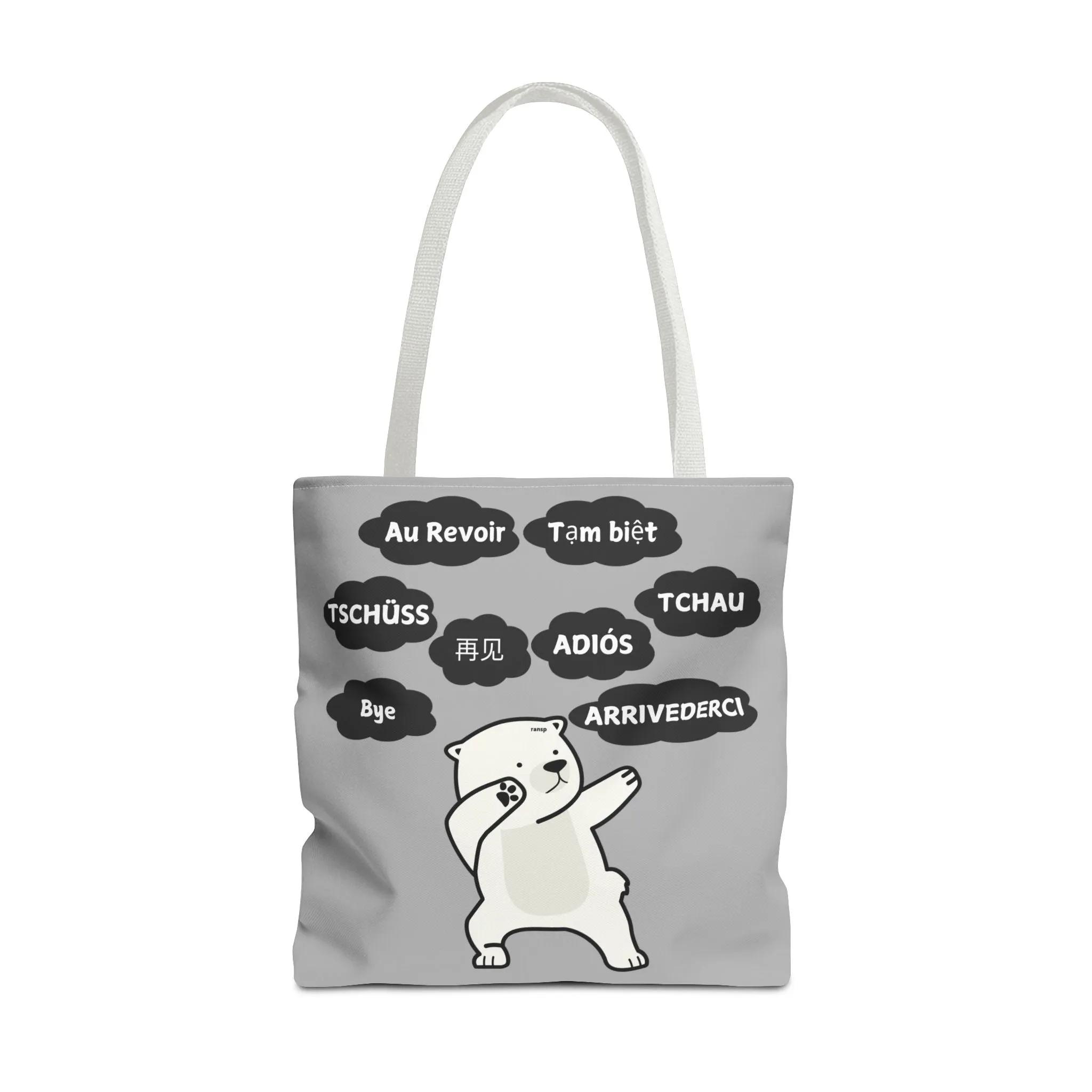 Light Grey Multilingual Farewell Tote Bag with Dancing Bear Design- Perfect for Friendship Gifts, Bag for Shopping, Everyday Shopping bag