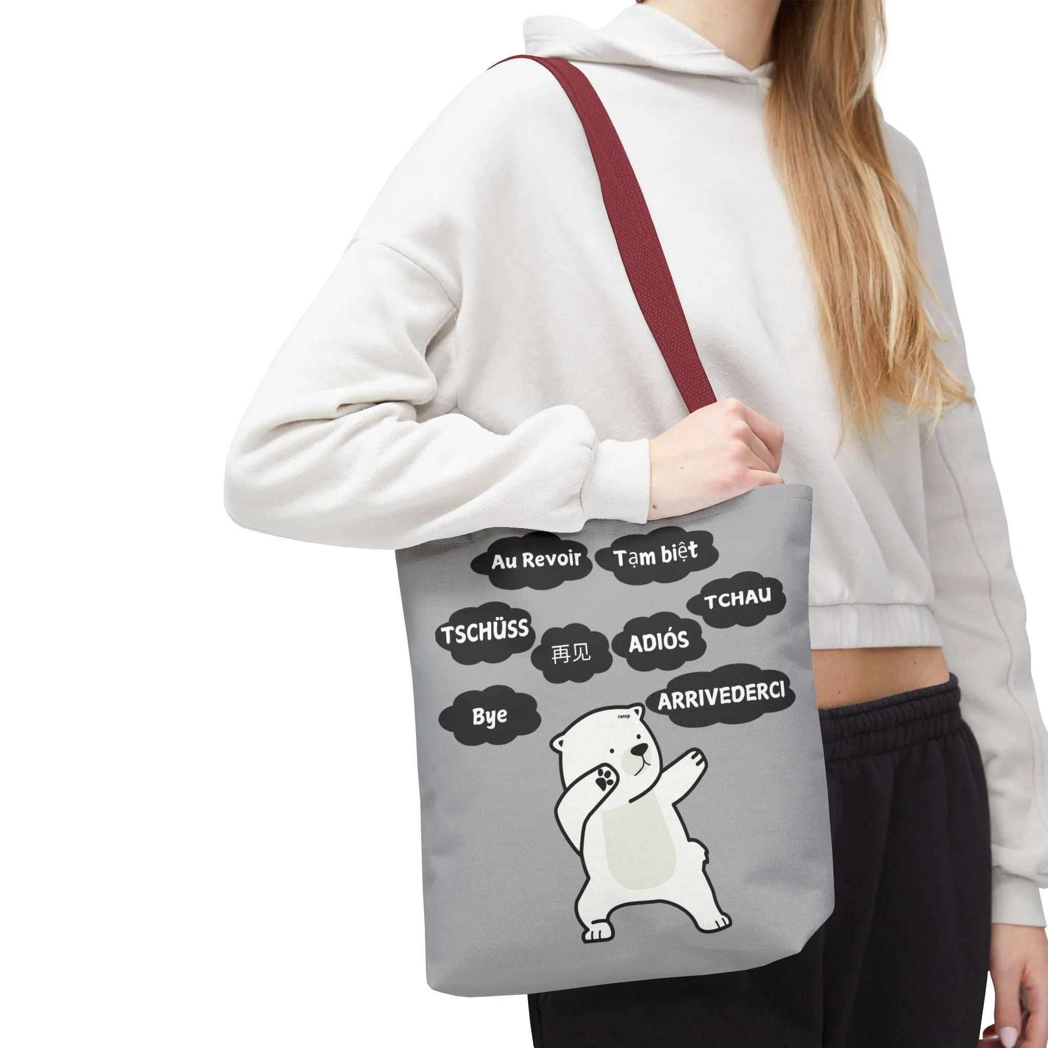 Light Grey Multilingual Farewell Tote Bag with Dancing Bear Design- Perfect for Friendship Gifts, Bag for Shopping, Everyday Shopping bag