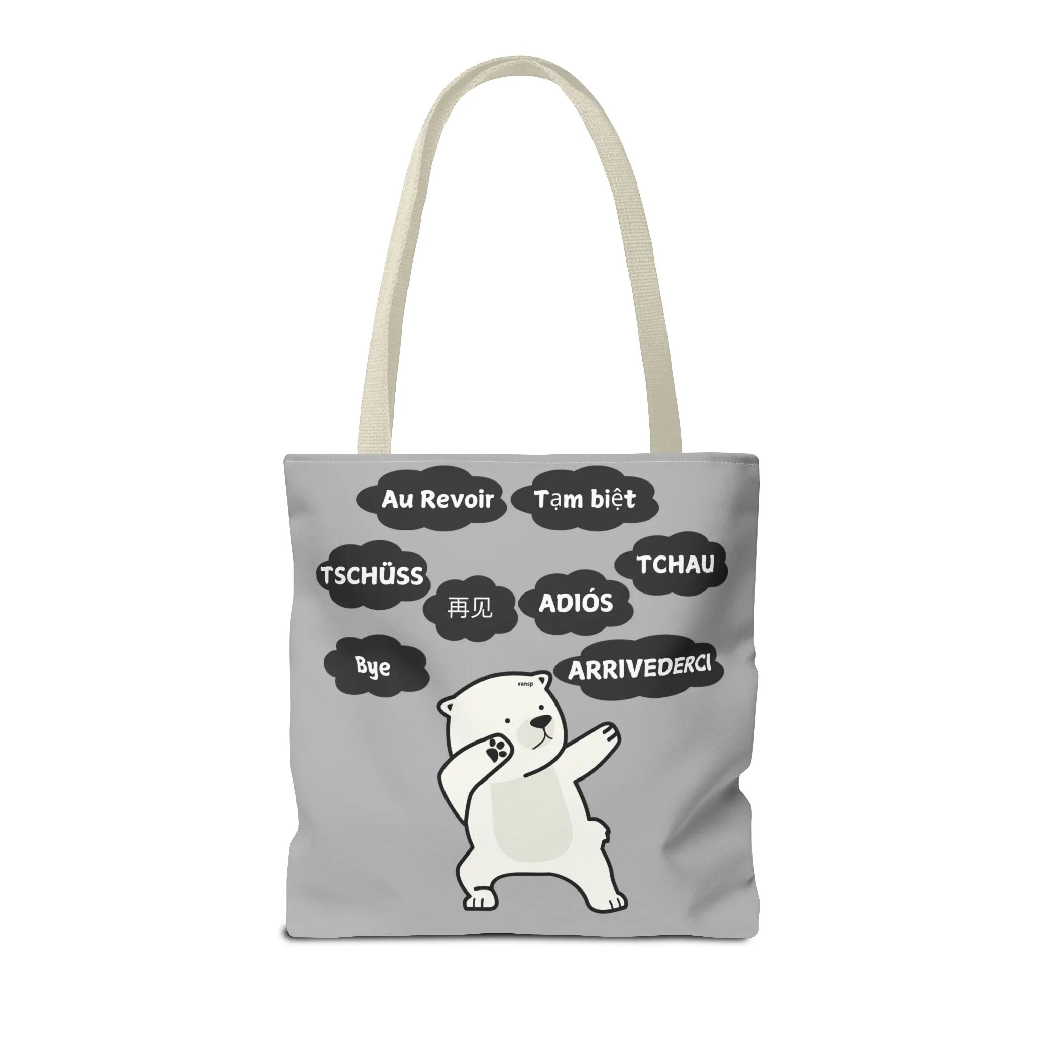 Light Grey Multilingual Farewell Tote Bag with Dancing Bear Design- Perfect for Friendship Gifts, Bag for Shopping, Everyday Shopping bag