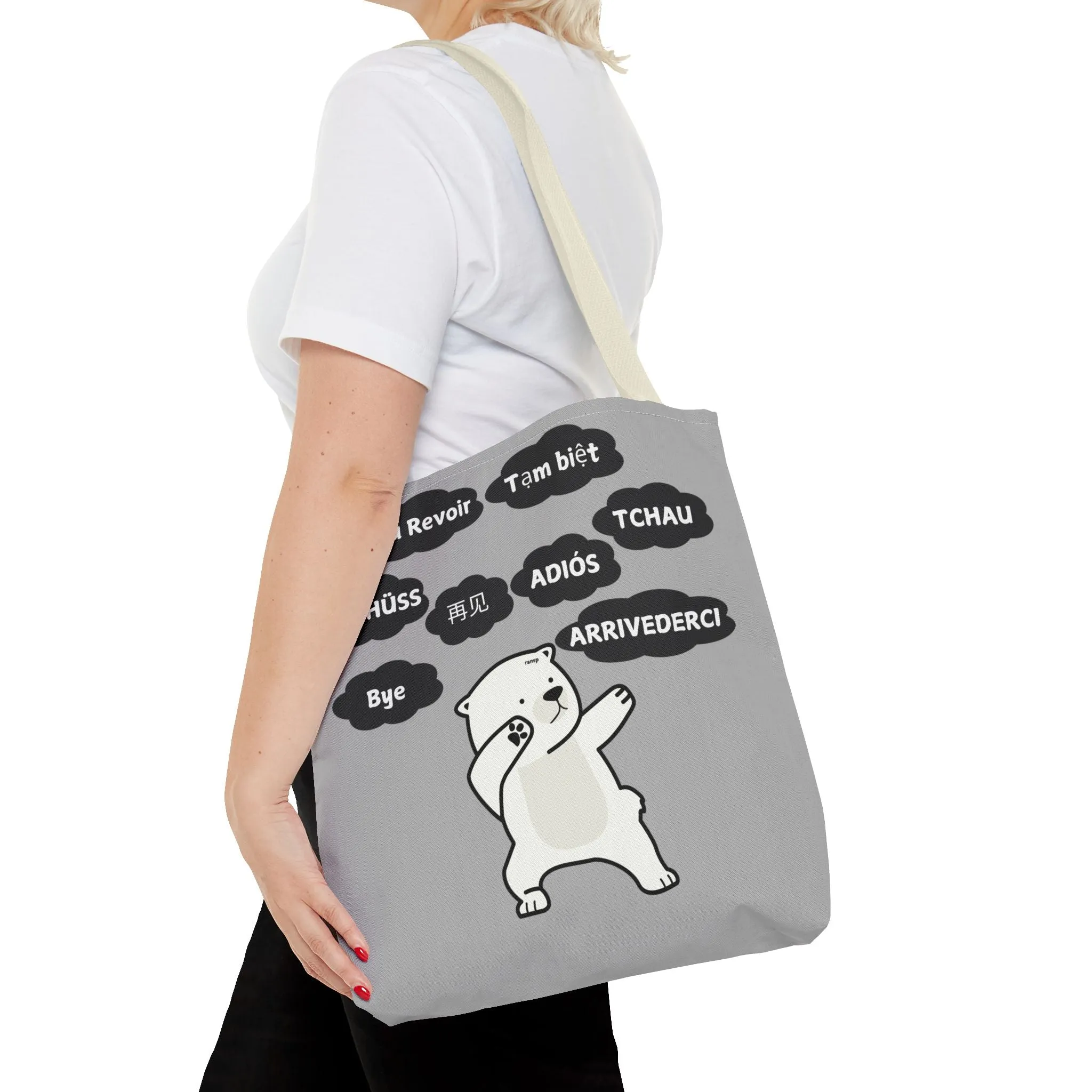 Light Grey Multilingual Farewell Tote Bag with Dancing Bear Design- Perfect for Friendship Gifts, Bag for Shopping, Everyday Shopping bag