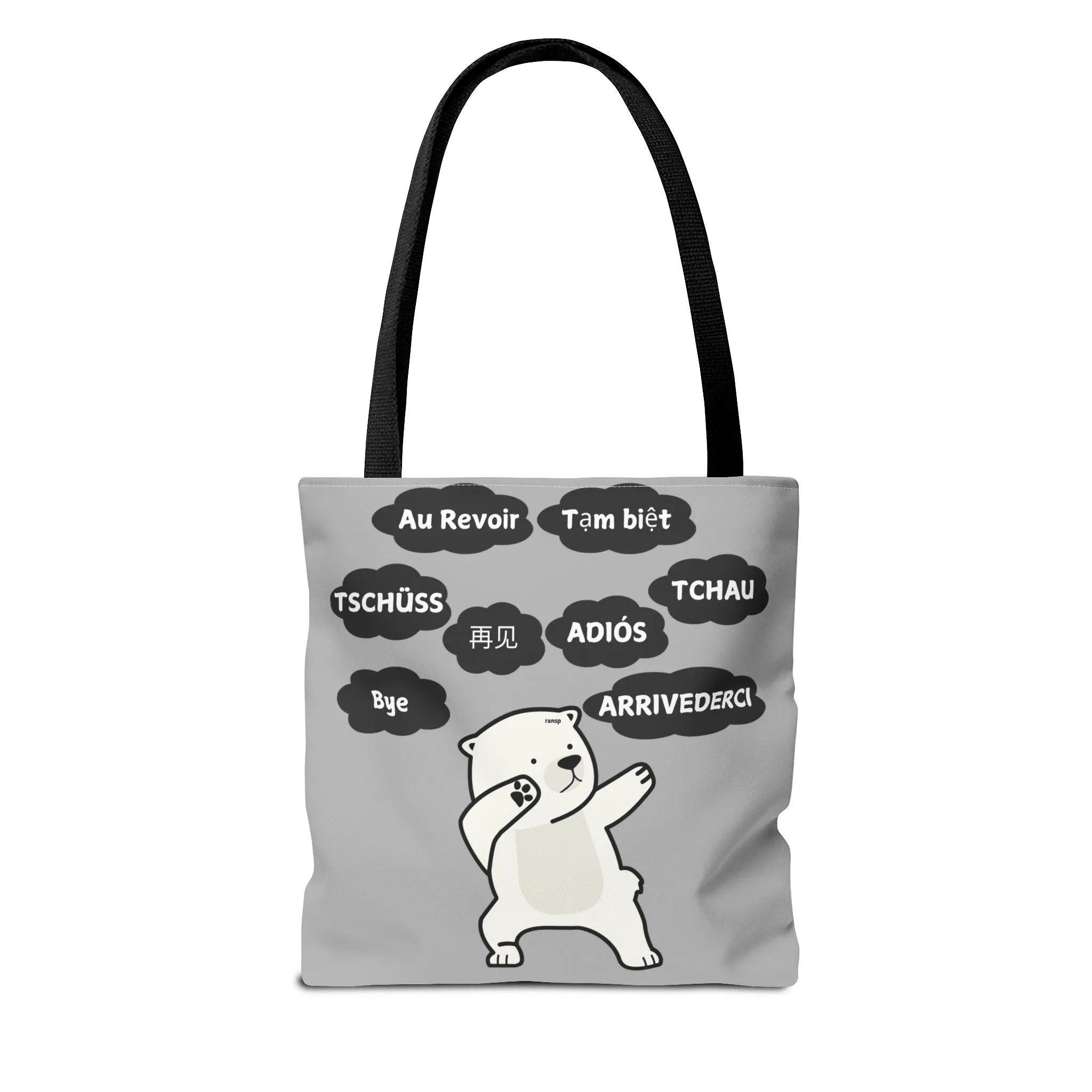 Light Grey Multilingual Farewell Tote Bag with Dancing Bear Design- Perfect for Friendship Gifts, Bag for Shopping, Everyday Shopping bag