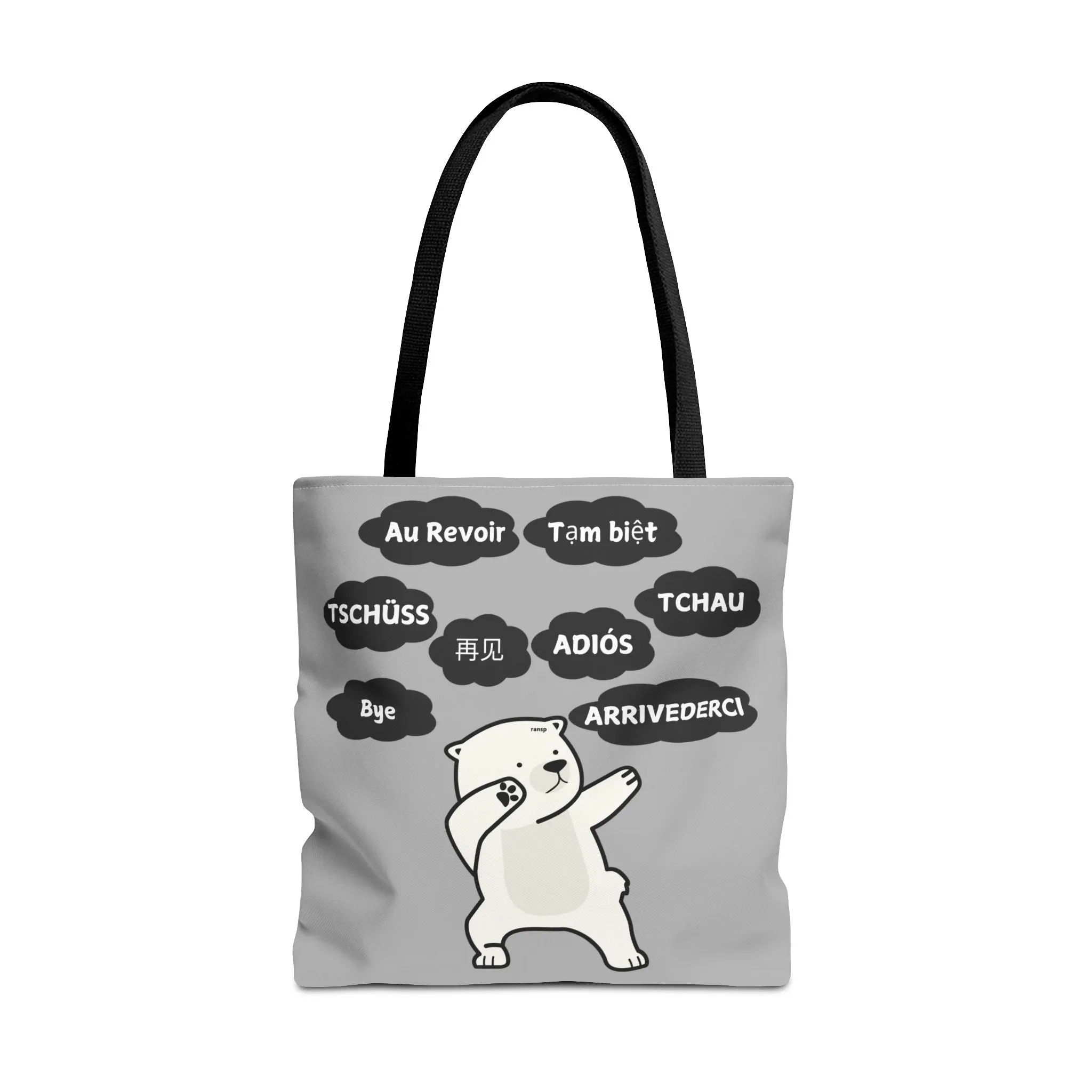 Light Grey Multilingual Farewell Tote Bag with Dancing Bear Design- Perfect for Friendship Gifts, Bag for Shopping, Everyday Shopping bag