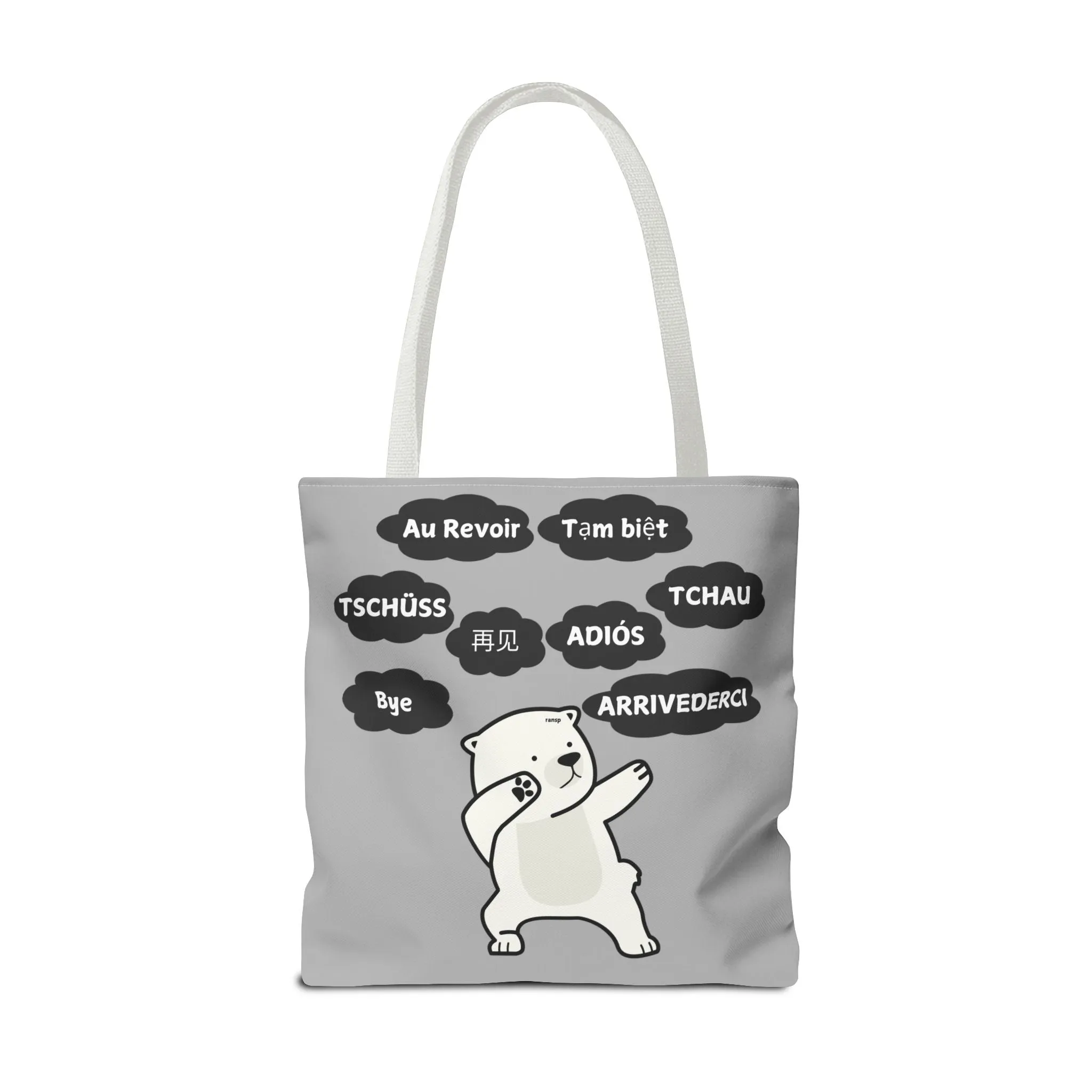 Light Grey Multilingual Farewell Tote Bag with Dancing Bear Design- Perfect for Friendship Gifts, Bag for Shopping, Everyday Shopping bag