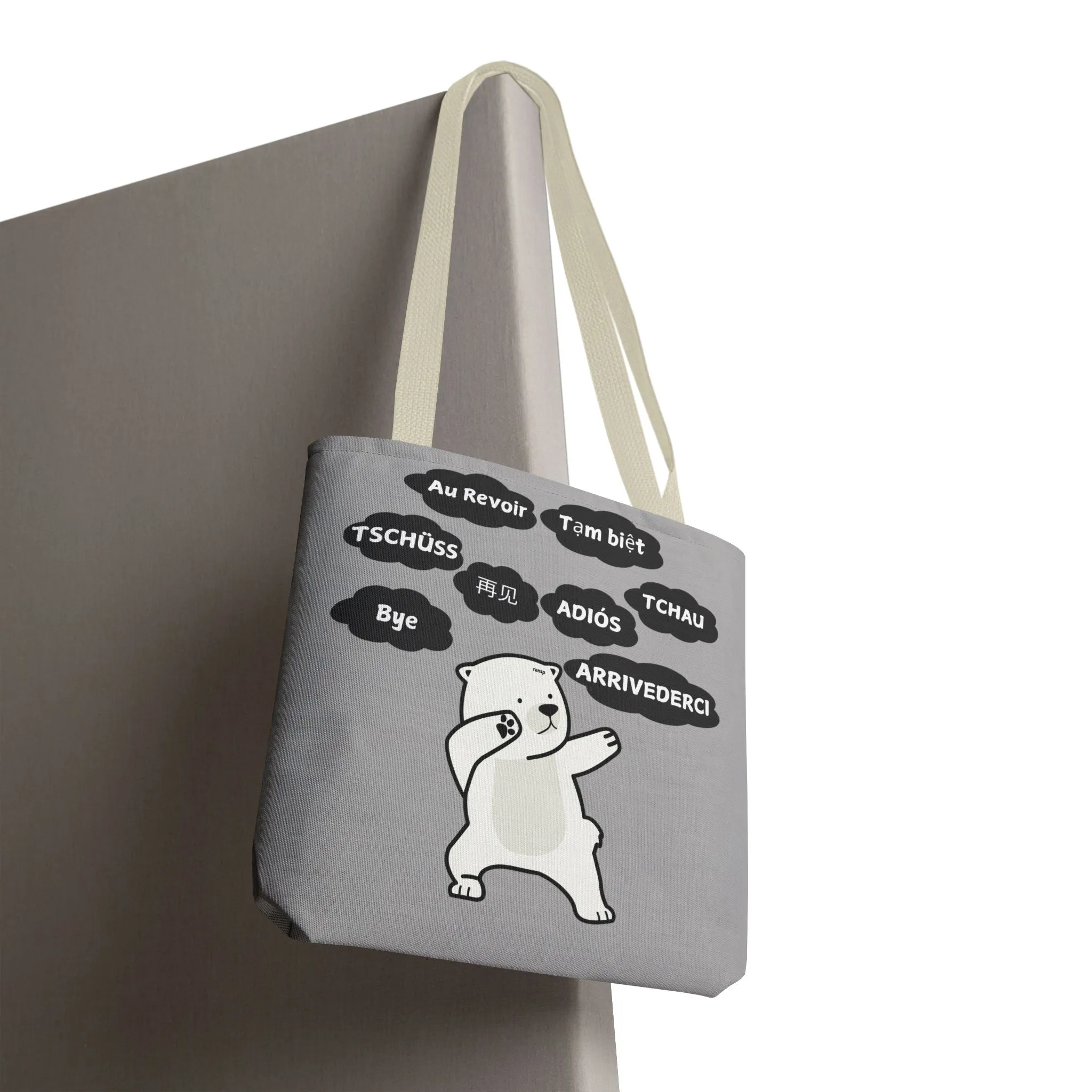 Light Grey Multilingual Farewell Tote Bag with Dancing Bear Design- Perfect for Friendship Gifts, Bag for Shopping, Everyday Shopping bag