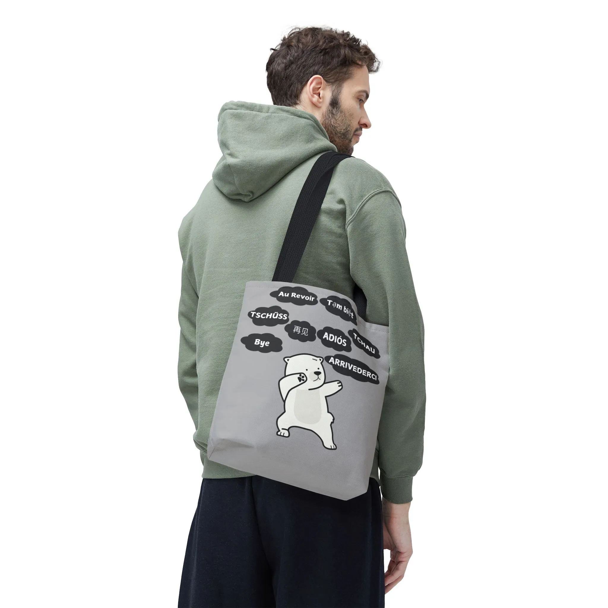 Light Grey Multilingual Farewell Tote Bag with Dancing Bear Design- Perfect for Friendship Gifts, Bag for Shopping, Everyday Shopping bag