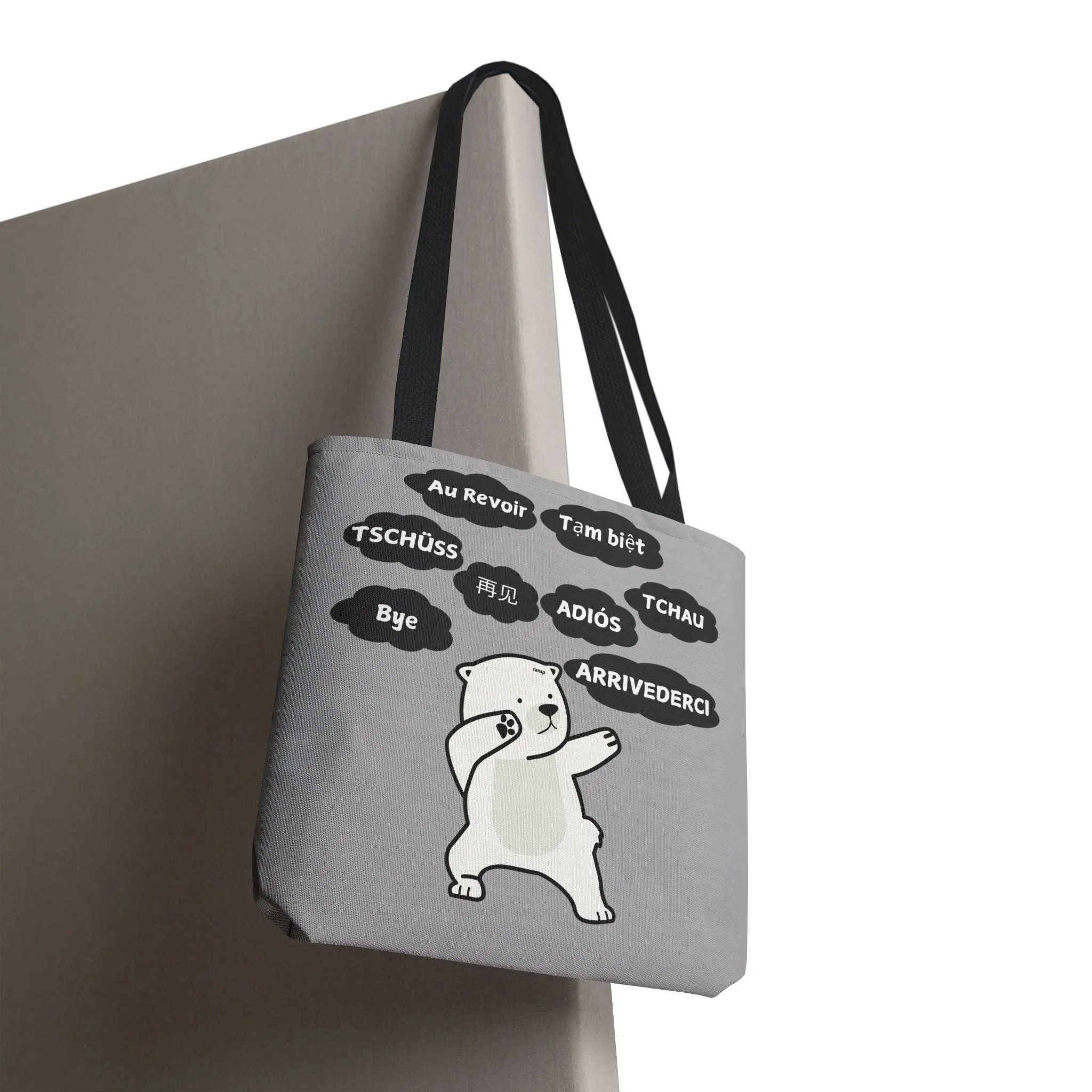 Light Grey Multilingual Farewell Tote Bag with Dancing Bear Design- Perfect for Friendship Gifts, Bag for Shopping, Everyday Shopping bag