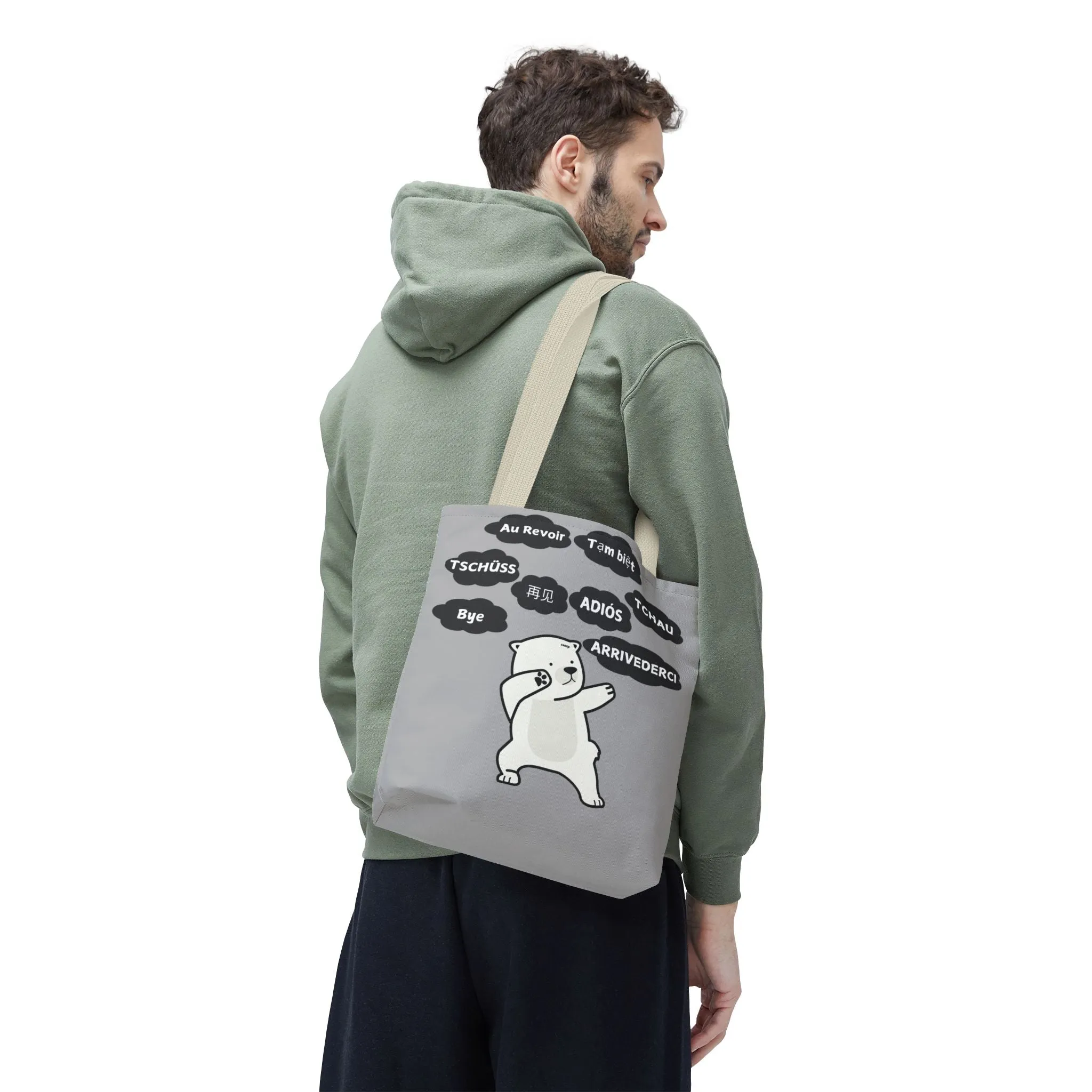 Light Grey Multilingual Farewell Tote Bag with Dancing Bear Design- Perfect for Friendship Gifts, Bag for Shopping, Everyday Shopping bag