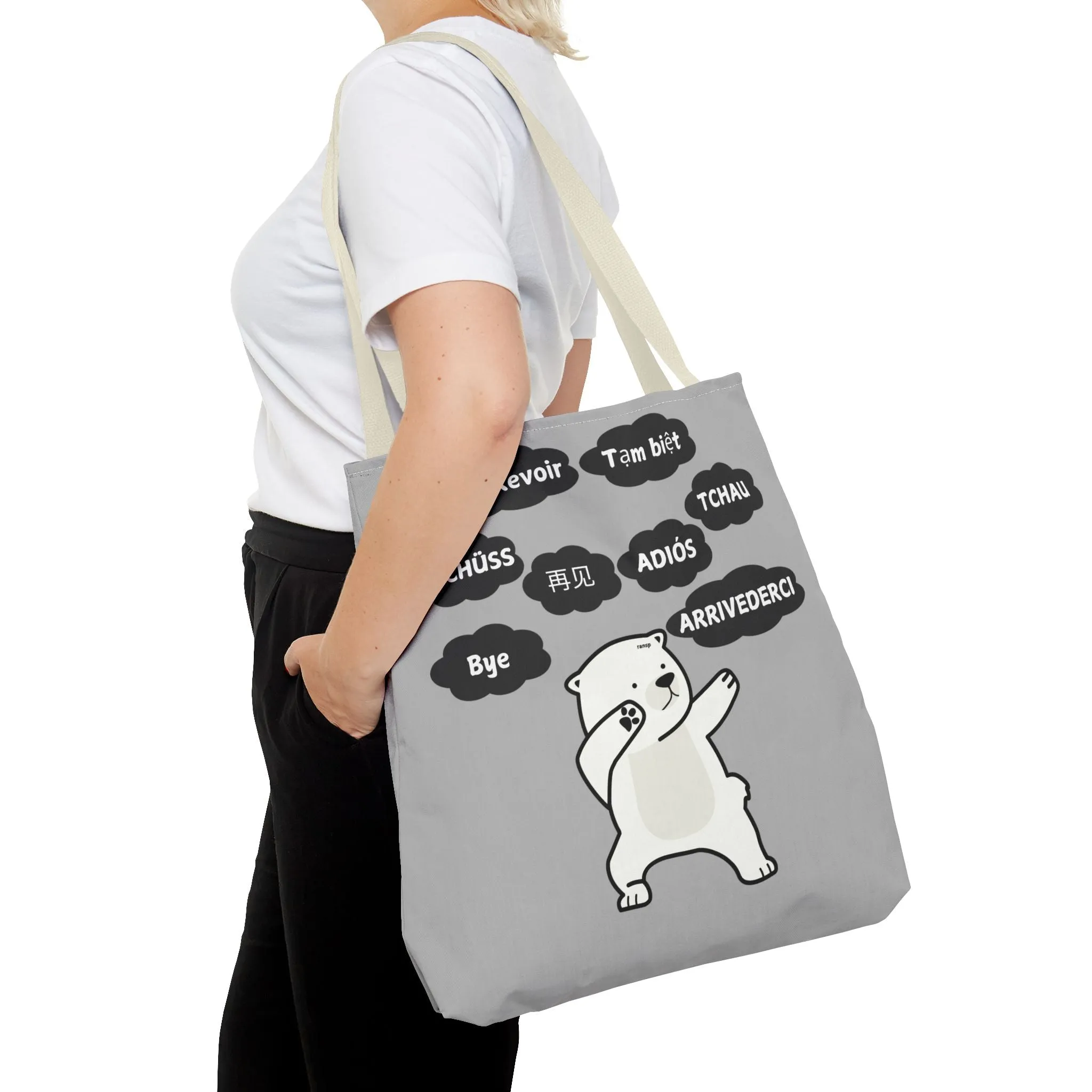 Light Grey Multilingual Farewell Tote Bag with Dancing Bear Design- Perfect for Friendship Gifts, Bag for Shopping, Everyday Shopping bag