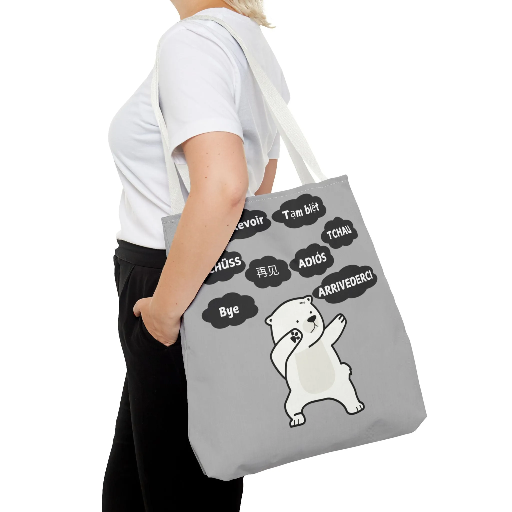 Light Grey Multilingual Farewell Tote Bag with Dancing Bear Design- Perfect for Friendship Gifts, Bag for Shopping, Everyday Shopping bag