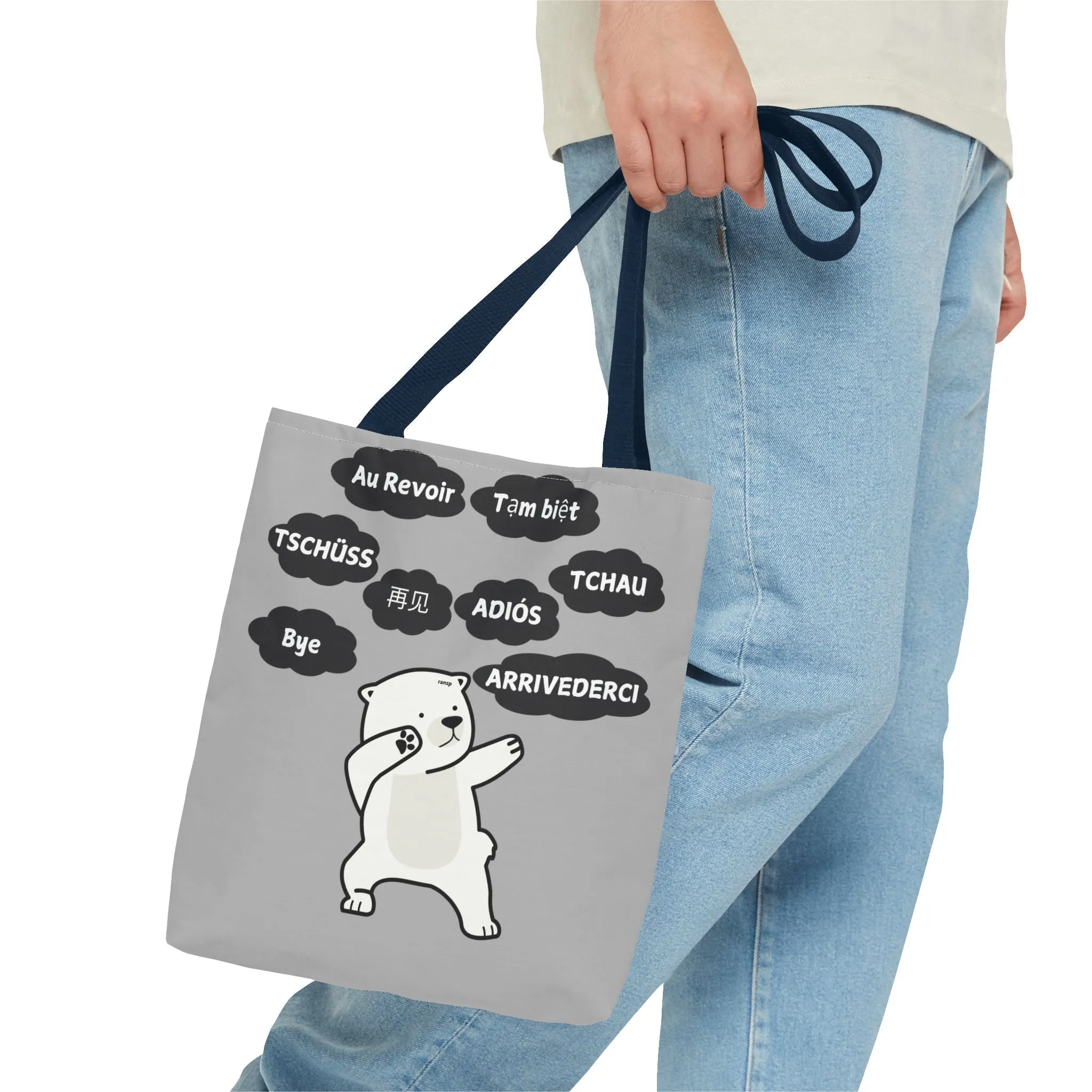 Light Grey Multilingual Farewell Tote Bag with Dancing Bear Design- Perfect for Friendship Gifts, Bag for Shopping, Everyday Shopping bag