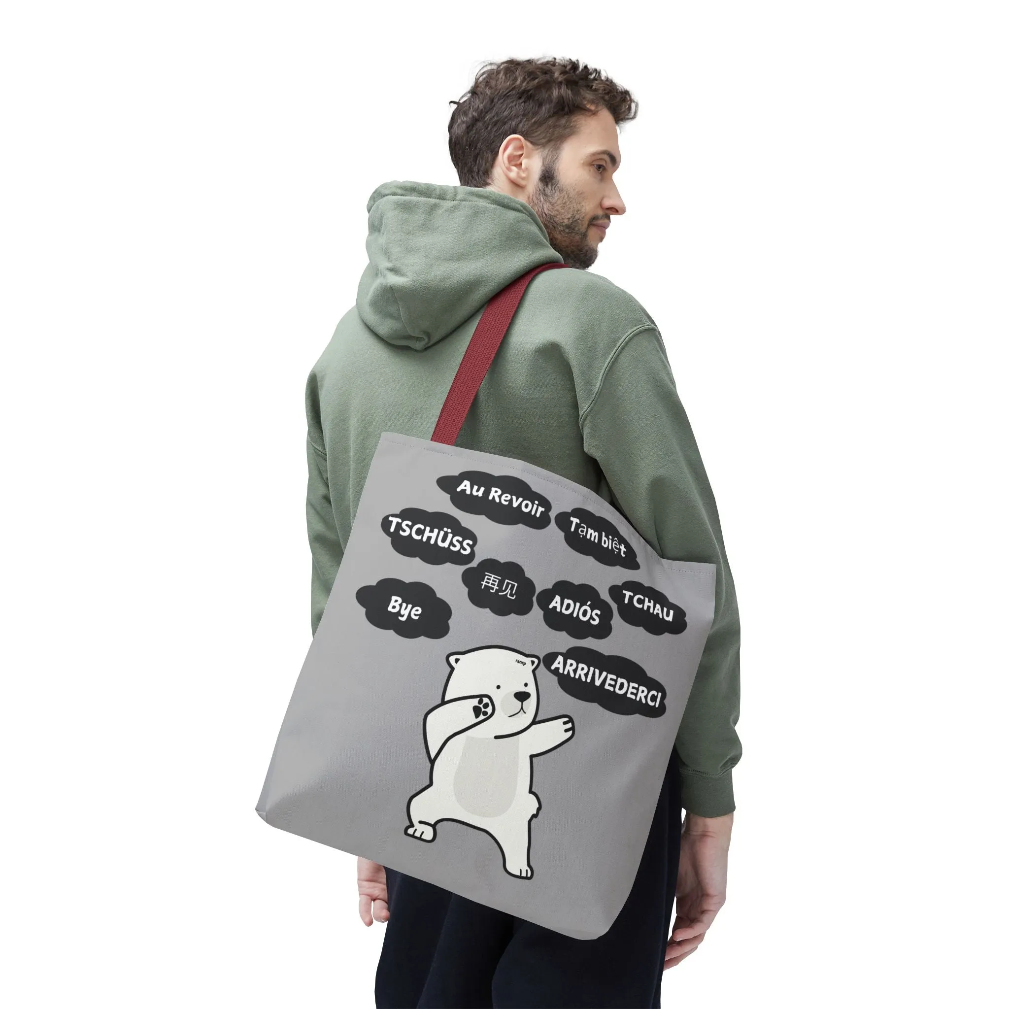 Light Grey Multilingual Farewell Tote Bag with Dancing Bear Design- Perfect for Friendship Gifts, Bag for Shopping, Everyday Shopping bag