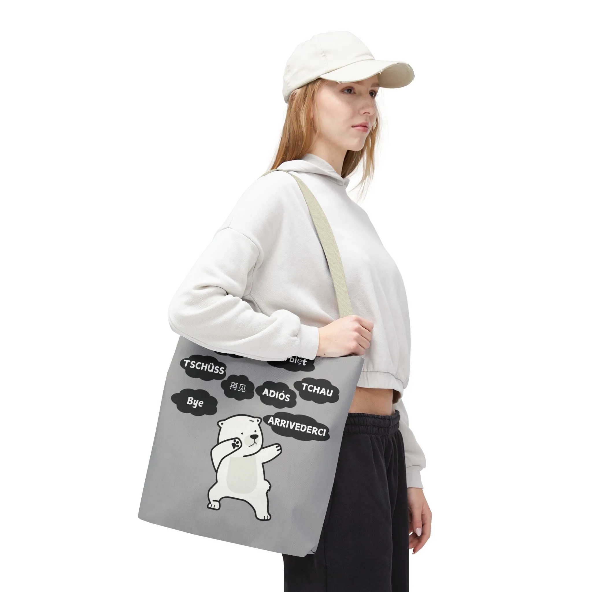 Light Grey Multilingual Farewell Tote Bag with Dancing Bear Design- Perfect for Friendship Gifts, Bag for Shopping, Everyday Shopping bag