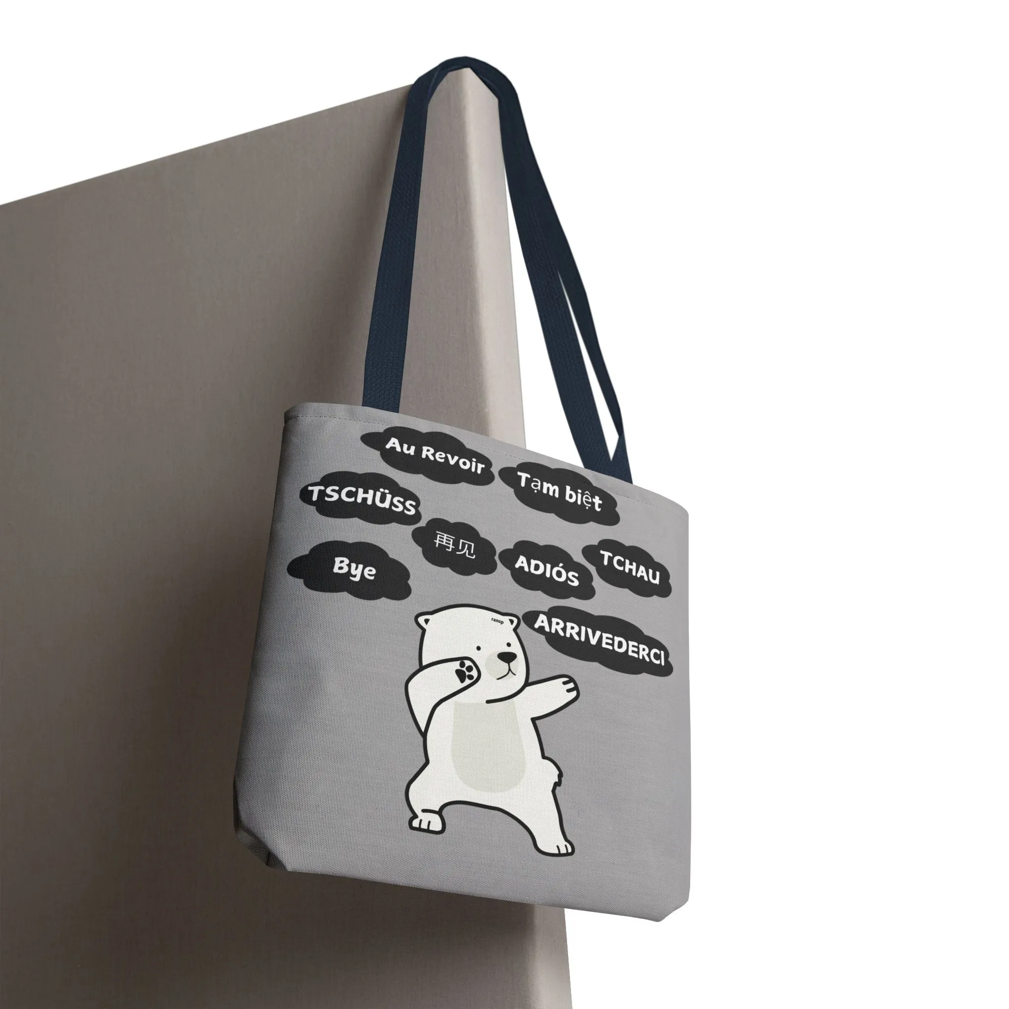 Light Grey Multilingual Farewell Tote Bag with Dancing Bear Design- Perfect for Friendship Gifts, Bag for Shopping, Everyday Shopping bag