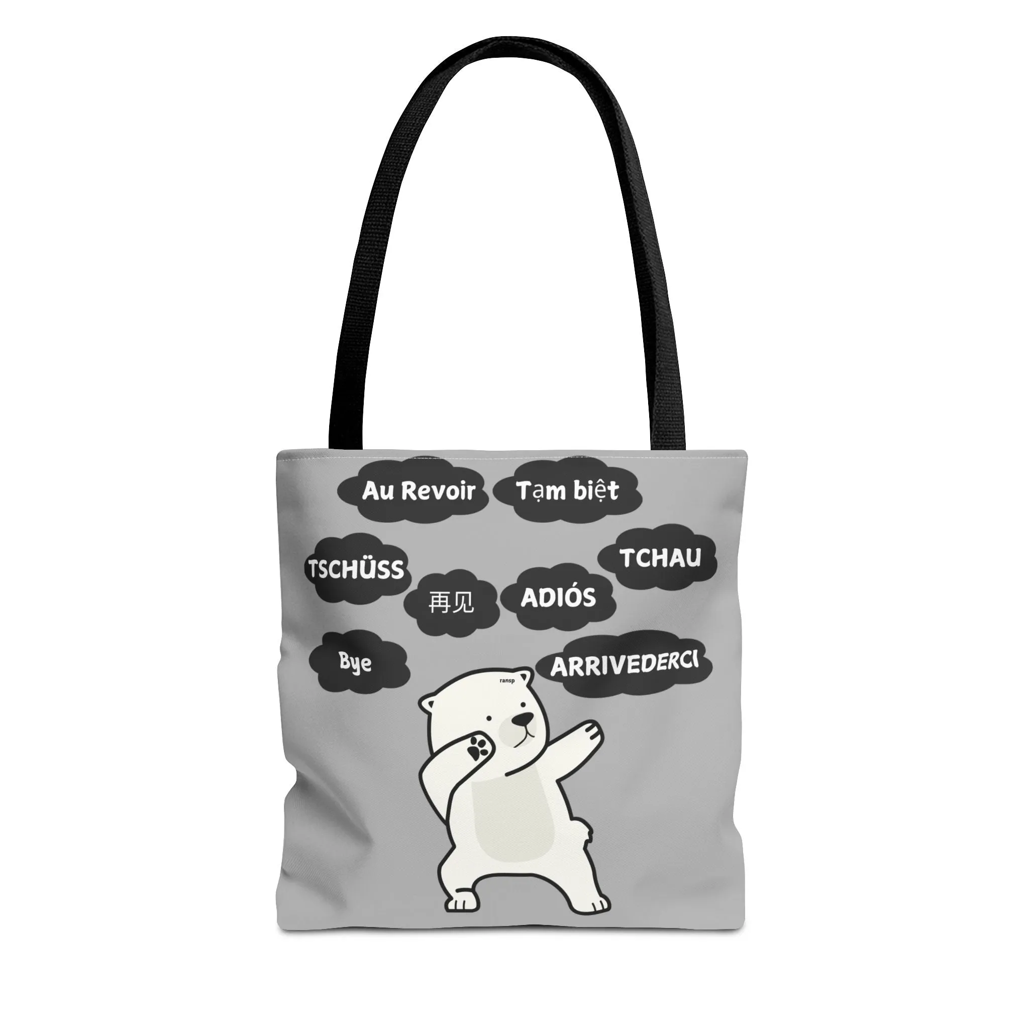 Light Grey Multilingual Farewell Tote Bag with Dancing Bear Design- Perfect for Friendship Gifts, Bag for Shopping, Everyday Shopping bag