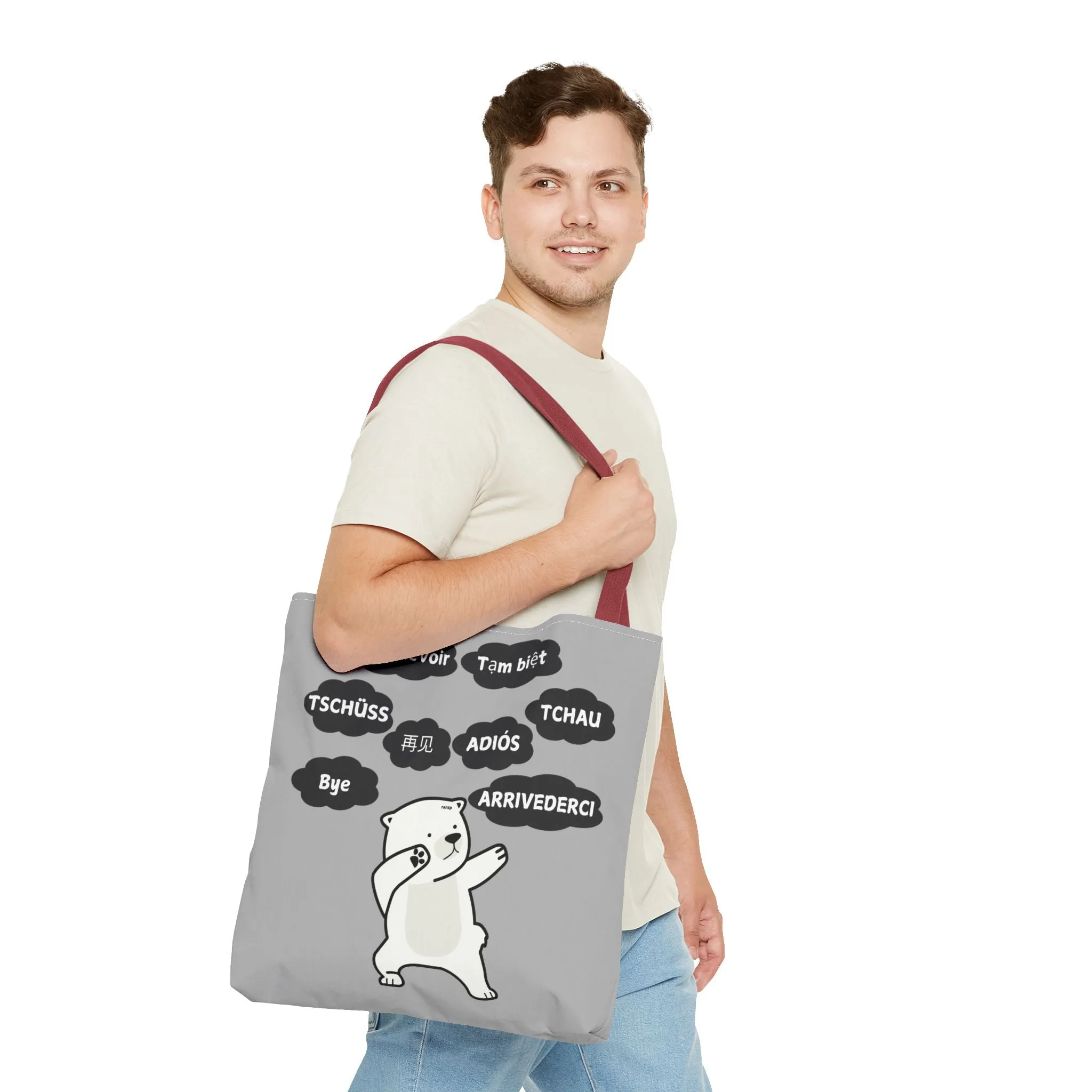 Light Grey Multilingual Farewell Tote Bag with Dancing Bear Design- Perfect for Friendship Gifts, Bag for Shopping, Everyday Shopping bag