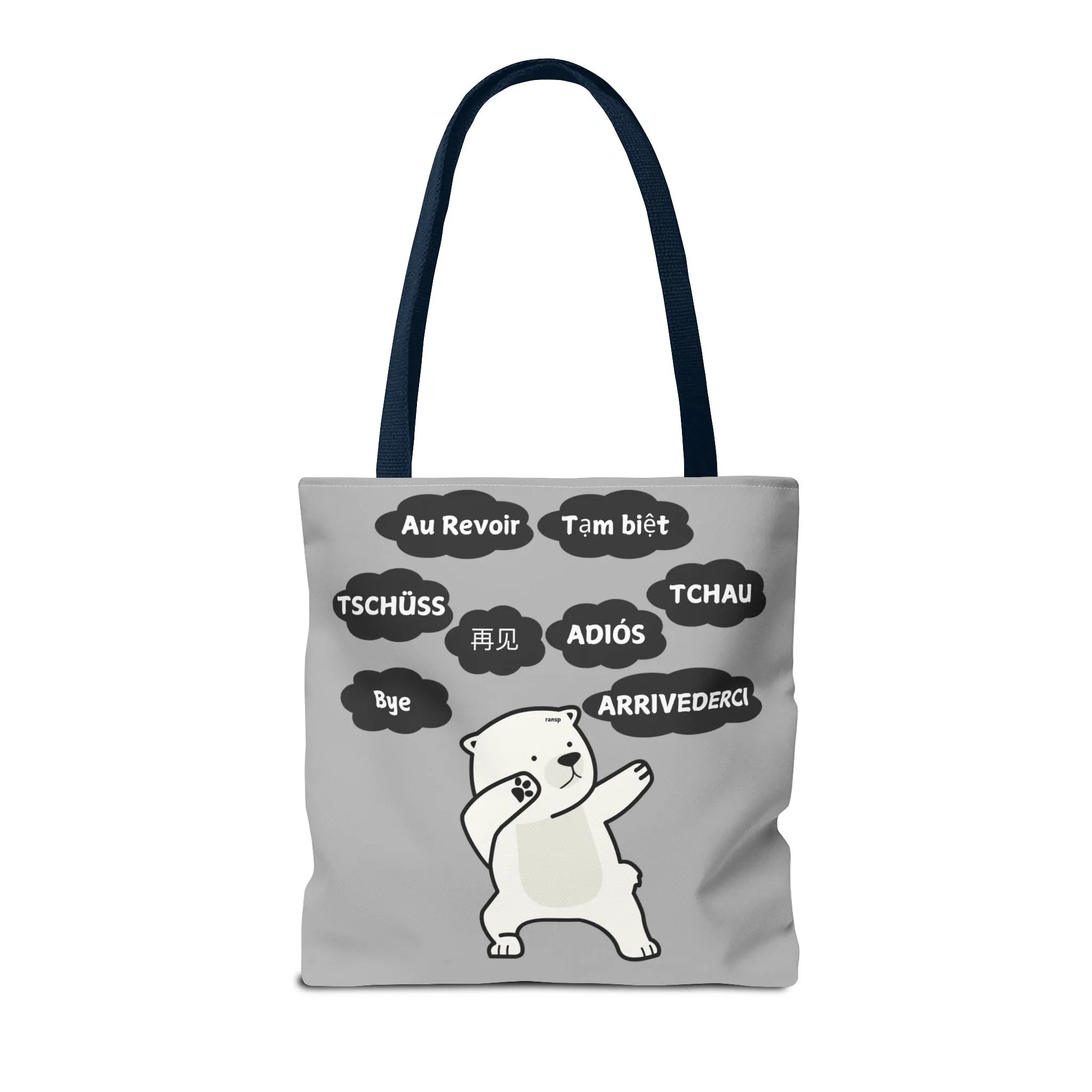 Light Grey Multilingual Farewell Tote Bag with Dancing Bear Design- Perfect for Friendship Gifts, Bag for Shopping, Everyday Shopping bag
