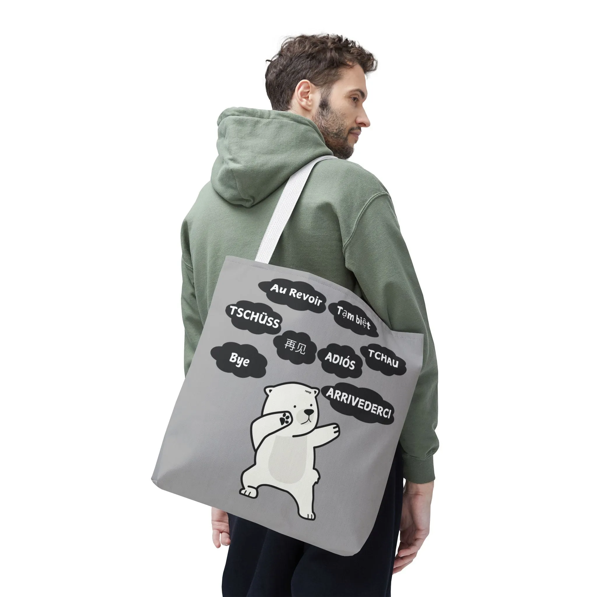 Light Grey Multilingual Farewell Tote Bag with Dancing Bear Design- Perfect for Friendship Gifts, Bag for Shopping, Everyday Shopping bag