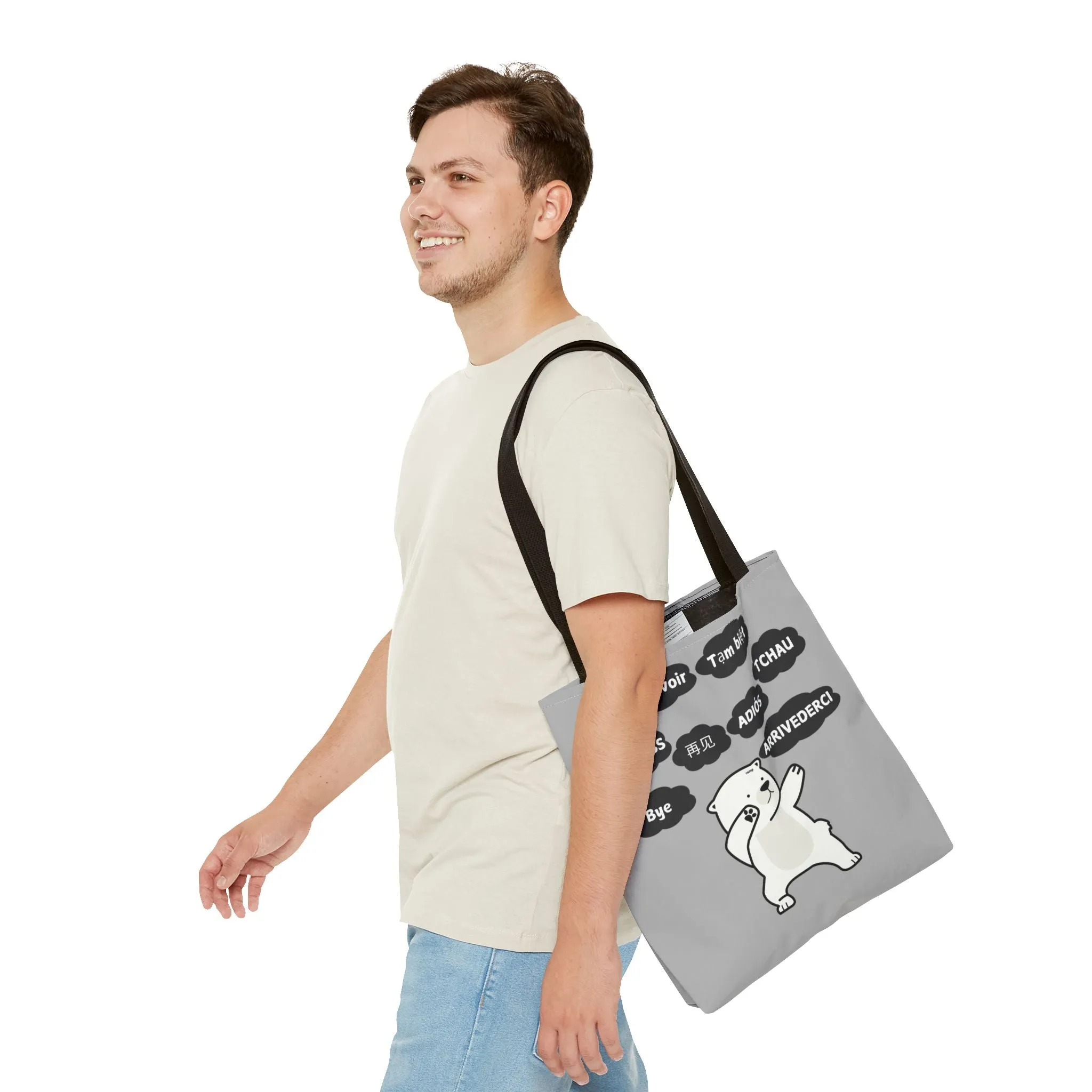 Light Grey Multilingual Farewell Tote Bag with Dancing Bear Design- Perfect for Friendship Gifts, Bag for Shopping, Everyday Shopping bag
