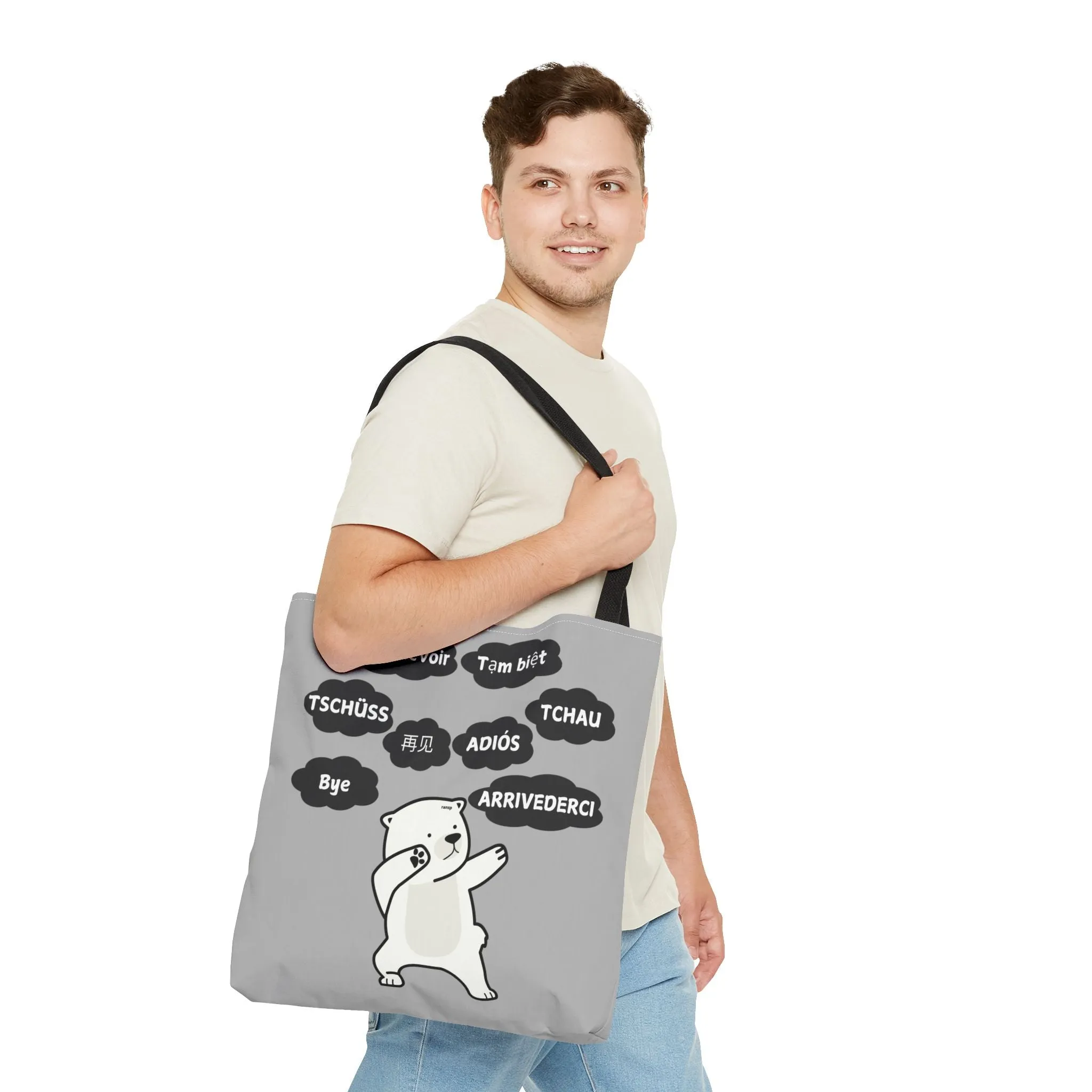 Light Grey Multilingual Farewell Tote Bag with Dancing Bear Design- Perfect for Friendship Gifts, Bag for Shopping, Everyday Shopping bag