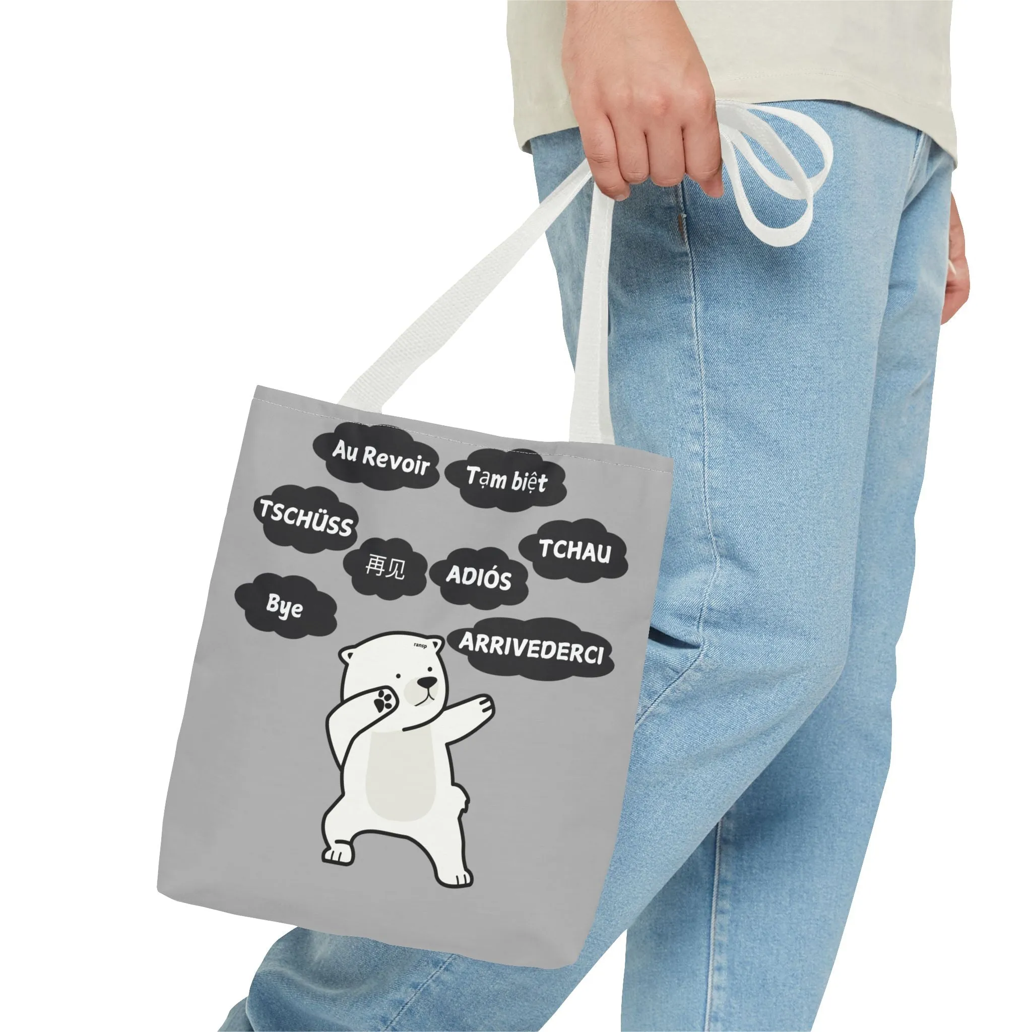 Light Grey Multilingual Farewell Tote Bag with Dancing Bear Design- Perfect for Friendship Gifts, Bag for Shopping, Everyday Shopping bag