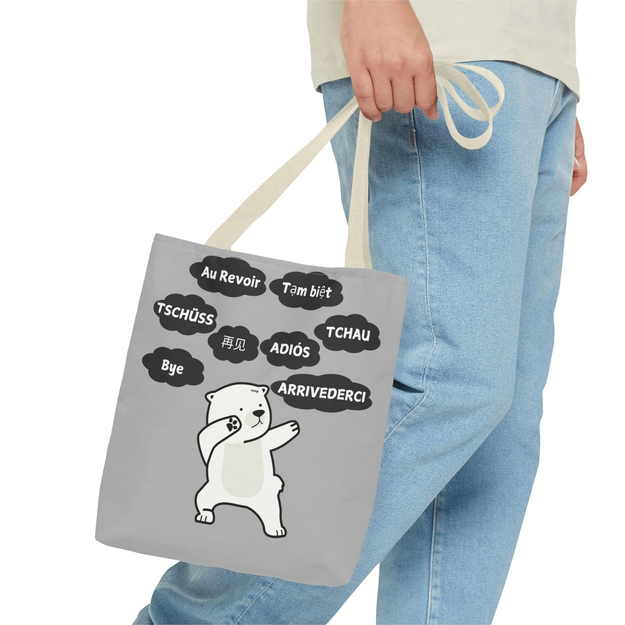 Light Grey Multilingual Farewell Tote Bag with Dancing Bear Design- Perfect for Friendship Gifts, Bag for Shopping, Everyday Shopping bag