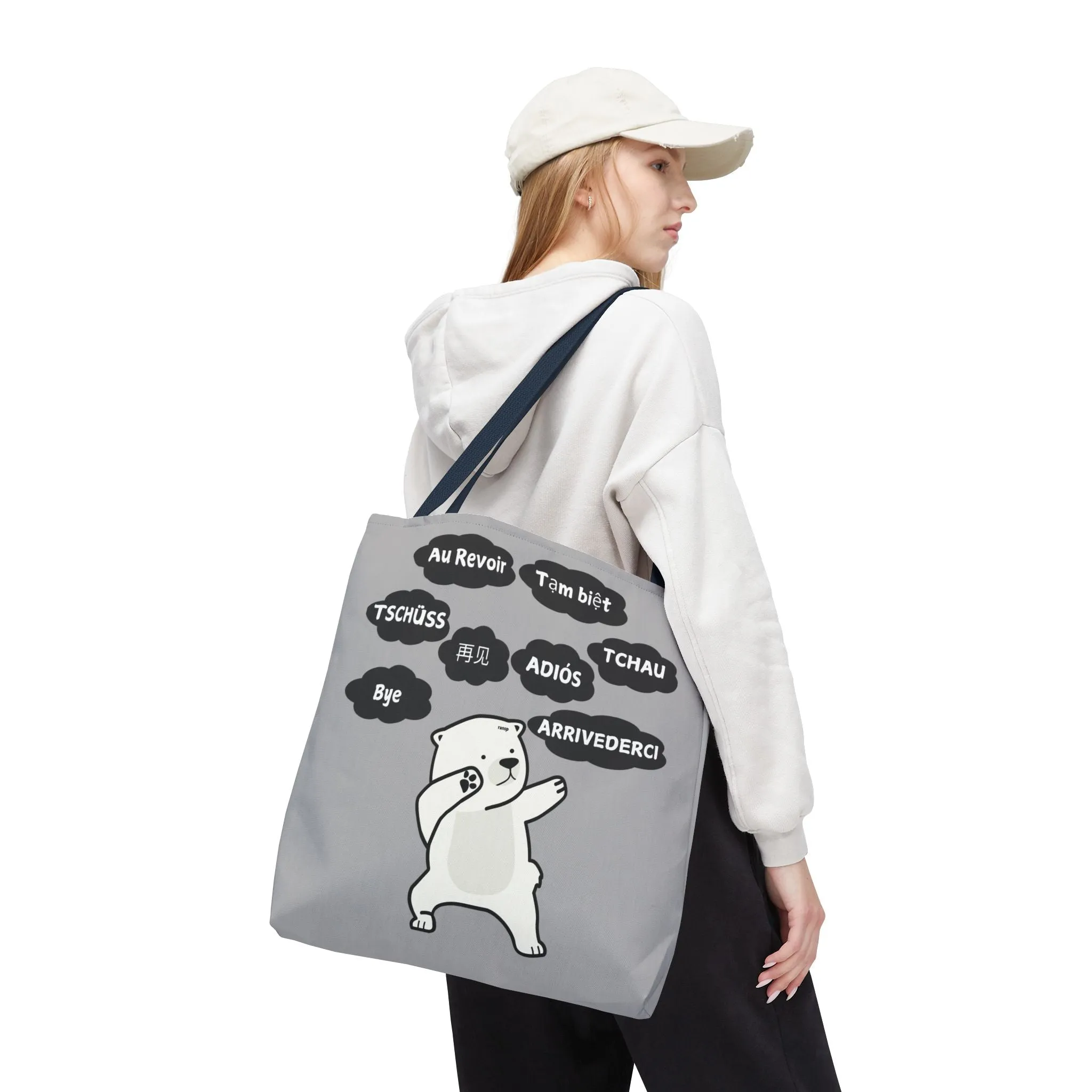 Light Grey Multilingual Farewell Tote Bag with Dancing Bear Design- Perfect for Friendship Gifts, Bag for Shopping, Everyday Shopping bag