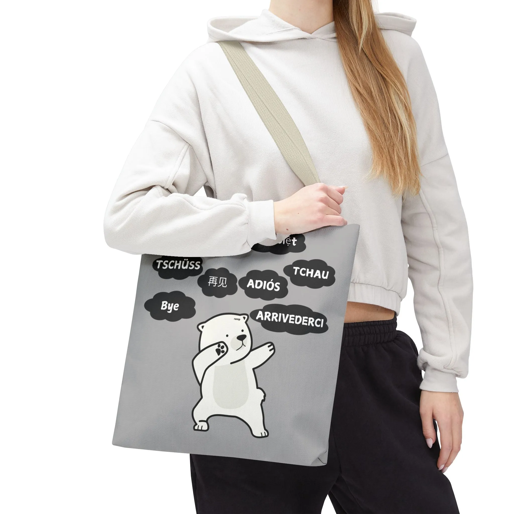 Light Grey Multilingual Farewell Tote Bag with Dancing Bear Design- Perfect for Friendship Gifts, Bag for Shopping, Everyday Shopping bag