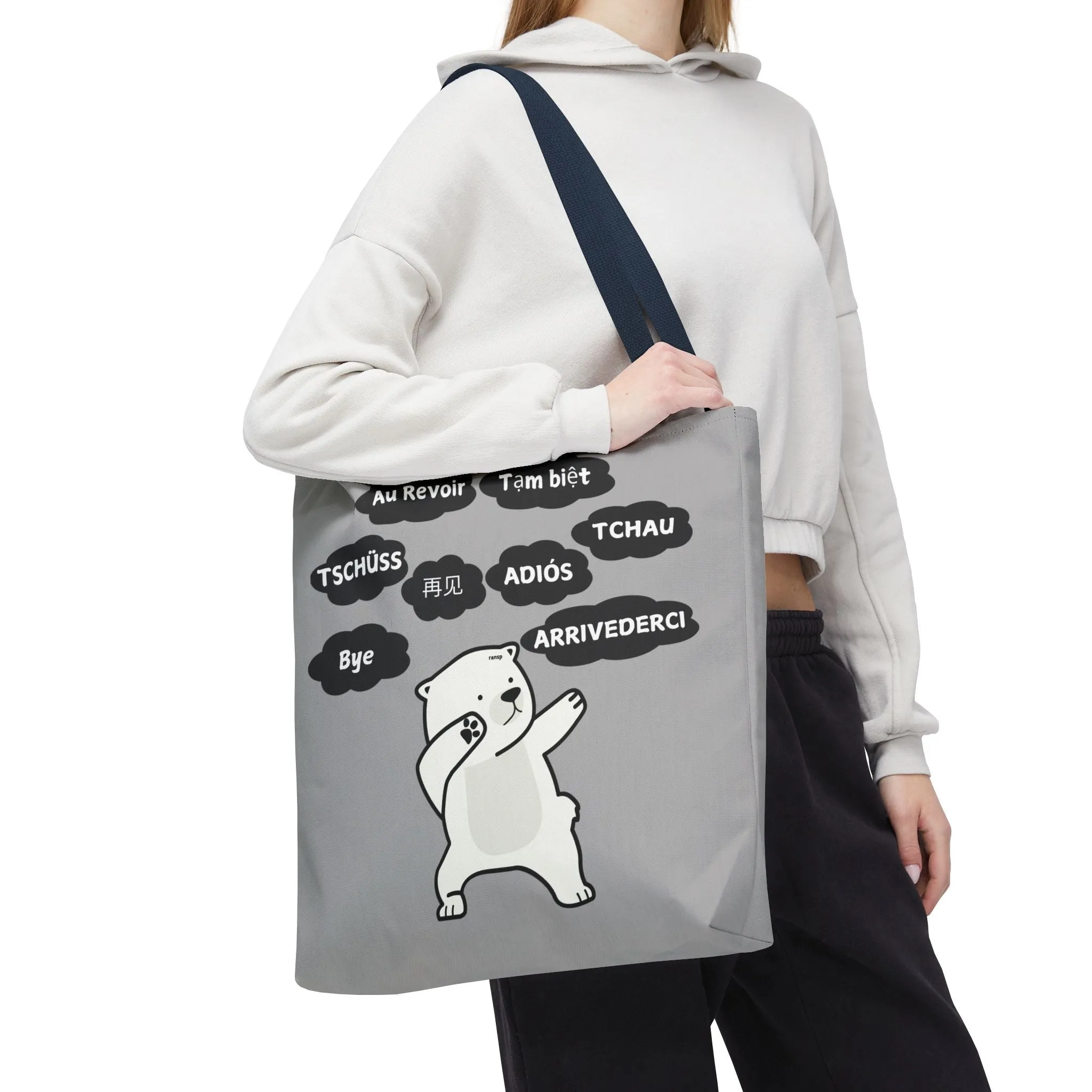 Light Grey Multilingual Farewell Tote Bag with Dancing Bear Design- Perfect for Friendship Gifts, Bag for Shopping, Everyday Shopping bag