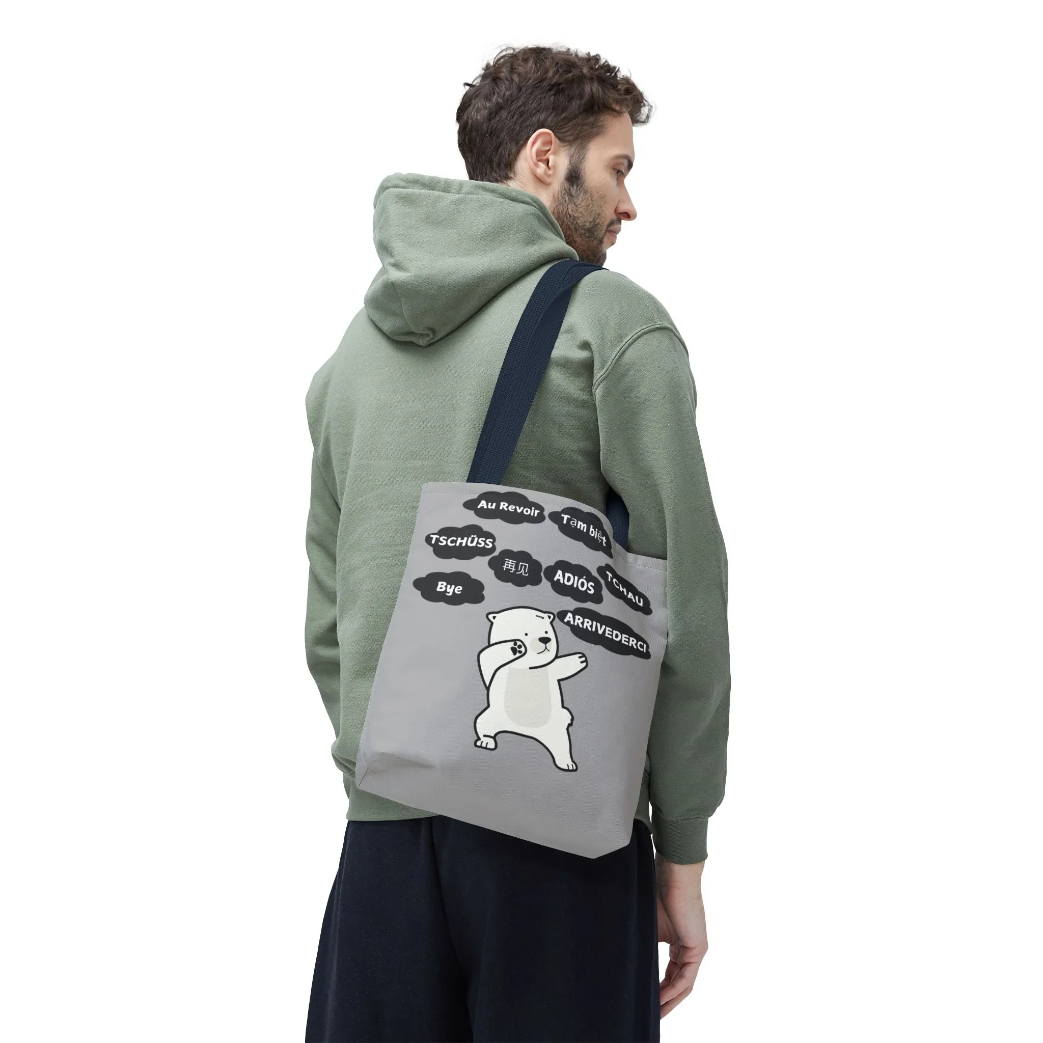 Light Grey Multilingual Farewell Tote Bag with Dancing Bear Design- Perfect for Friendship Gifts, Bag for Shopping, Everyday Shopping bag