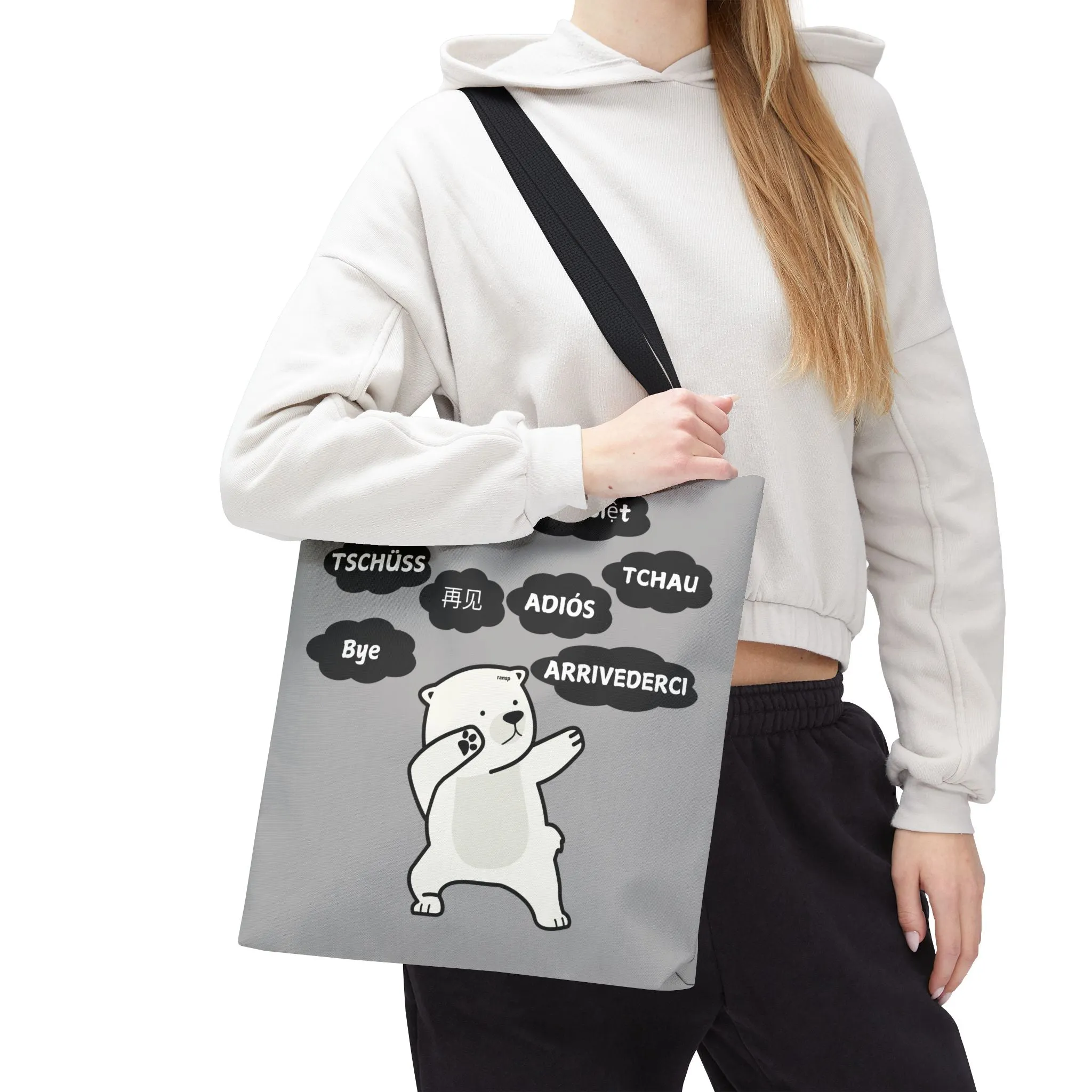 Light Grey Multilingual Farewell Tote Bag with Dancing Bear Design- Perfect for Friendship Gifts, Bag for Shopping, Everyday Shopping bag