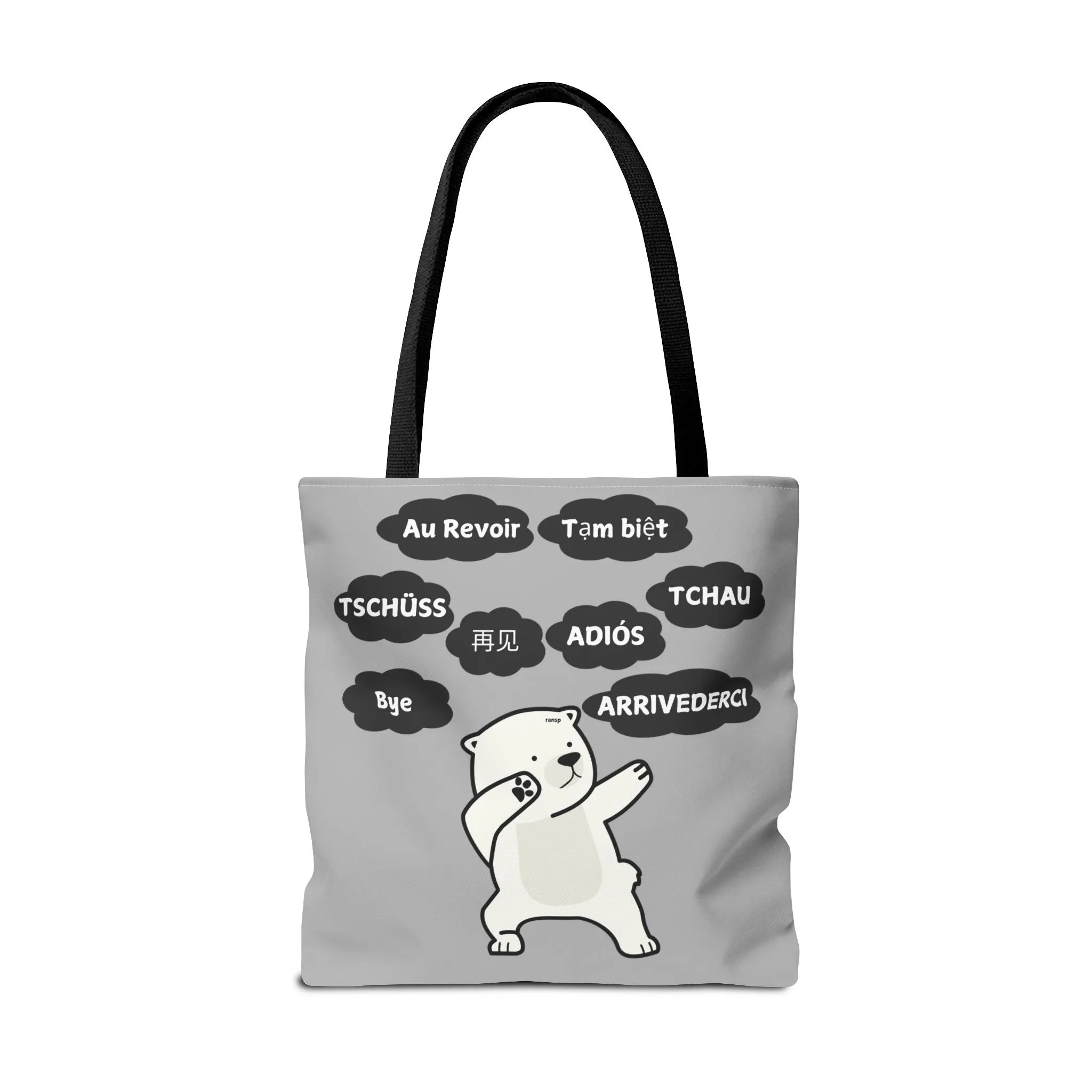 Light Grey Multilingual Farewell Tote Bag with Dancing Bear Design- Perfect for Friendship Gifts, Bag for Shopping, Everyday Shopping bag