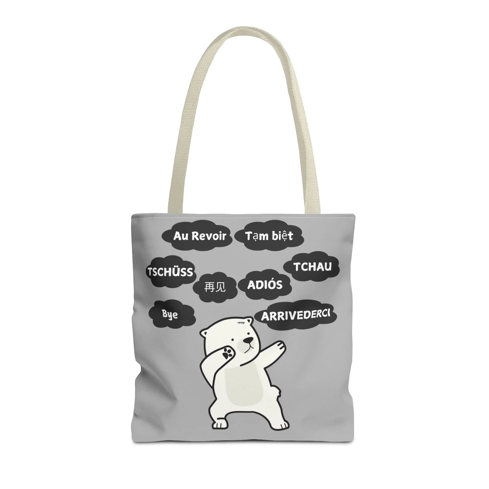Light Grey Multilingual Farewell Tote Bag with Dancing Bear Design- Perfect for Friendship Gifts, Bag for Shopping, Everyday Shopping bag