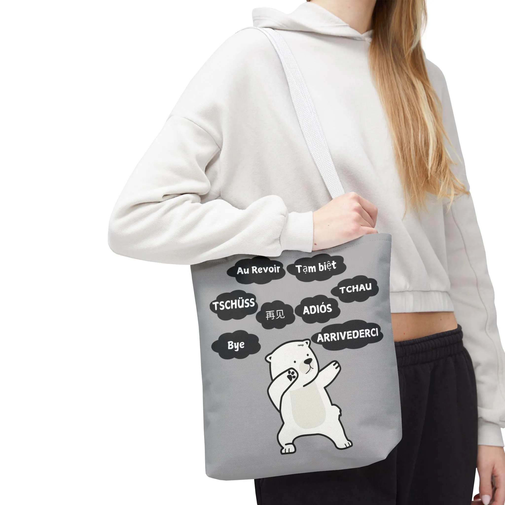 Light Grey Multilingual Farewell Tote Bag with Dancing Bear Design- Perfect for Friendship Gifts, Bag for Shopping, Everyday Shopping bag