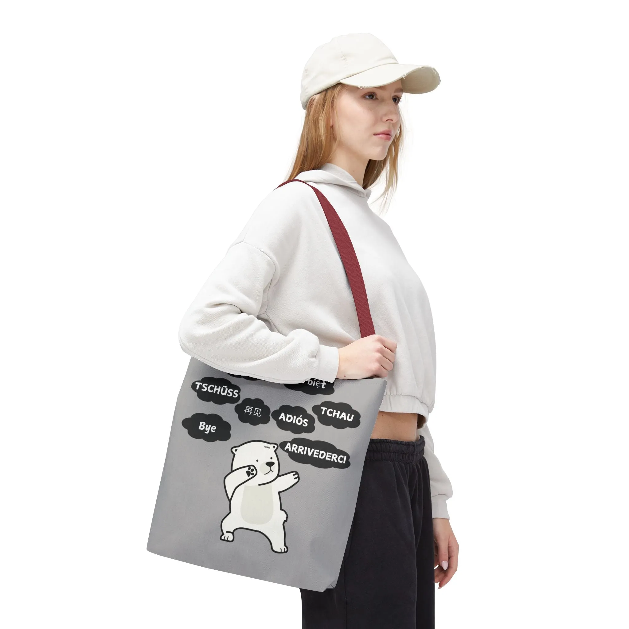 Light Grey Multilingual Farewell Tote Bag with Dancing Bear Design- Perfect for Friendship Gifts, Bag for Shopping, Everyday Shopping bag
