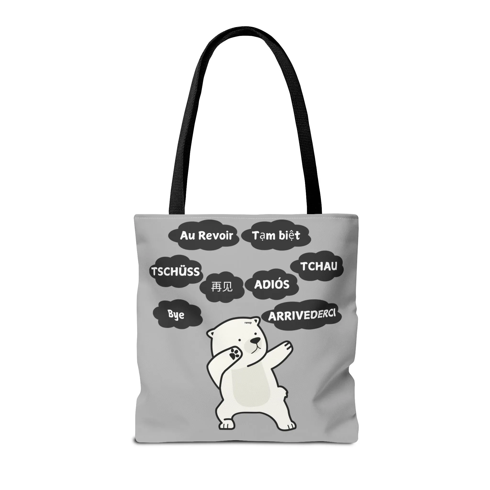 Light Grey Multilingual Farewell Tote Bag with Dancing Bear Design- Perfect for Friendship Gifts, Bag for Shopping, Everyday Shopping bag