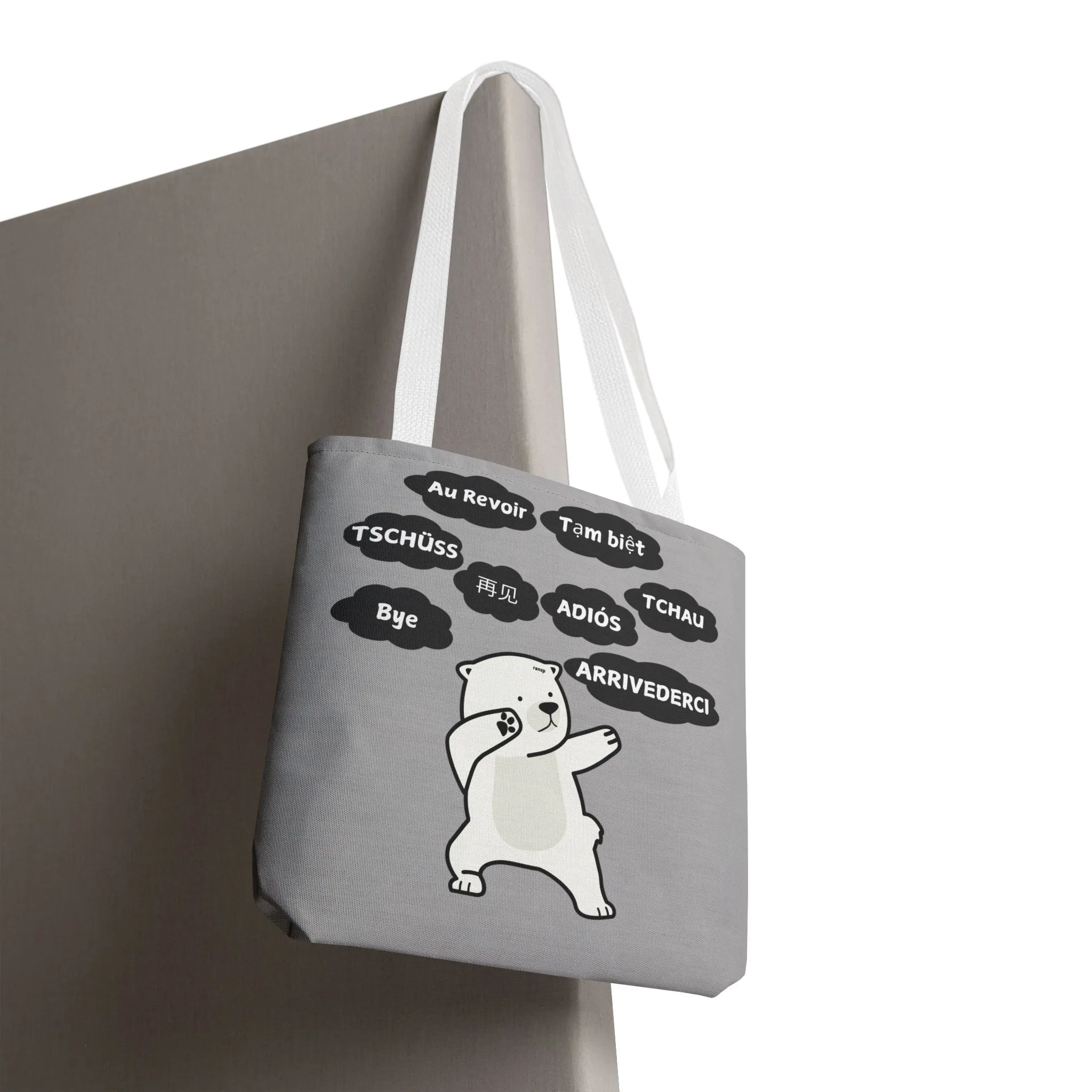 Light Grey Multilingual Farewell Tote Bag with Dancing Bear Design- Perfect for Friendship Gifts, Bag for Shopping, Everyday Shopping bag