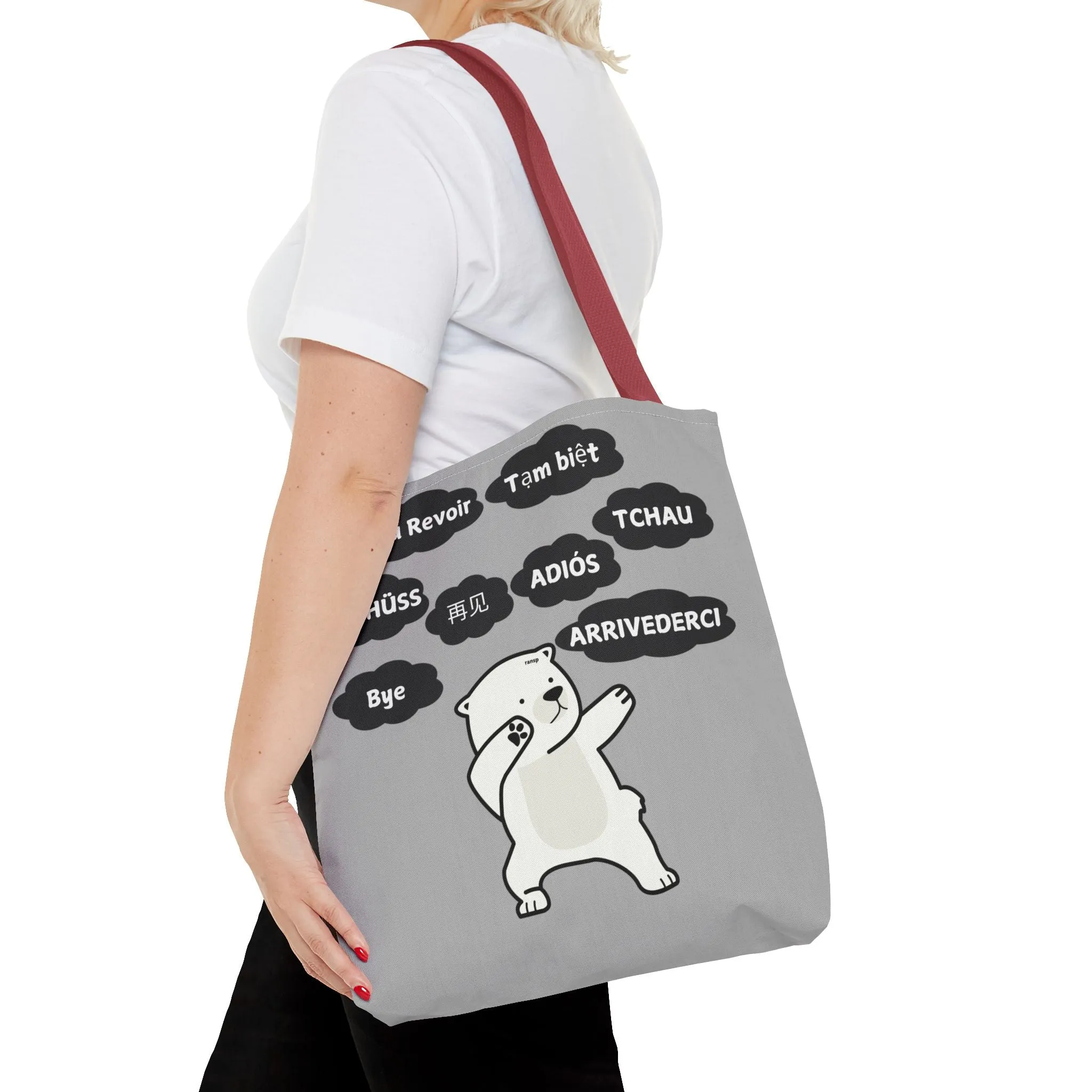 Light Grey Multilingual Farewell Tote Bag with Dancing Bear Design- Perfect for Friendship Gifts, Bag for Shopping, Everyday Shopping bag