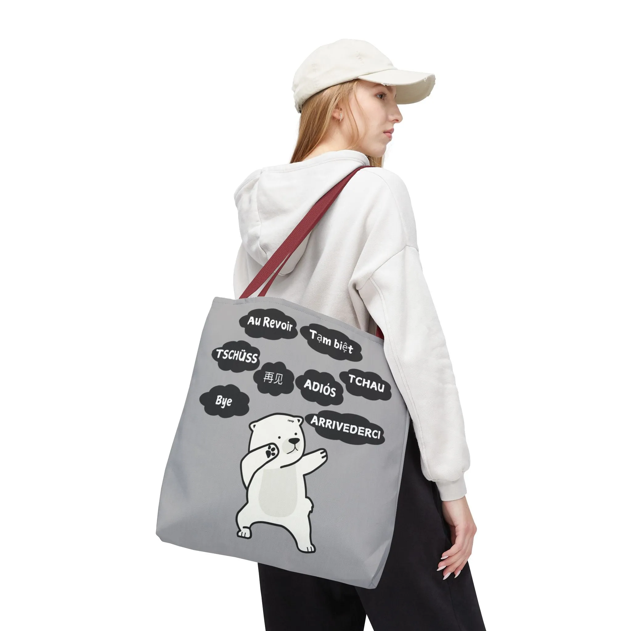 Light Grey Multilingual Farewell Tote Bag with Dancing Bear Design- Perfect for Friendship Gifts, Bag for Shopping, Everyday Shopping bag