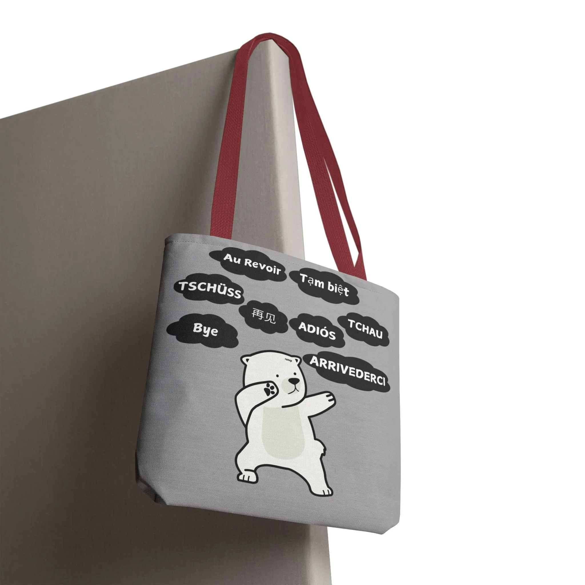 Light Grey Multilingual Farewell Tote Bag with Dancing Bear Design- Perfect for Friendship Gifts, Bag for Shopping, Everyday Shopping bag