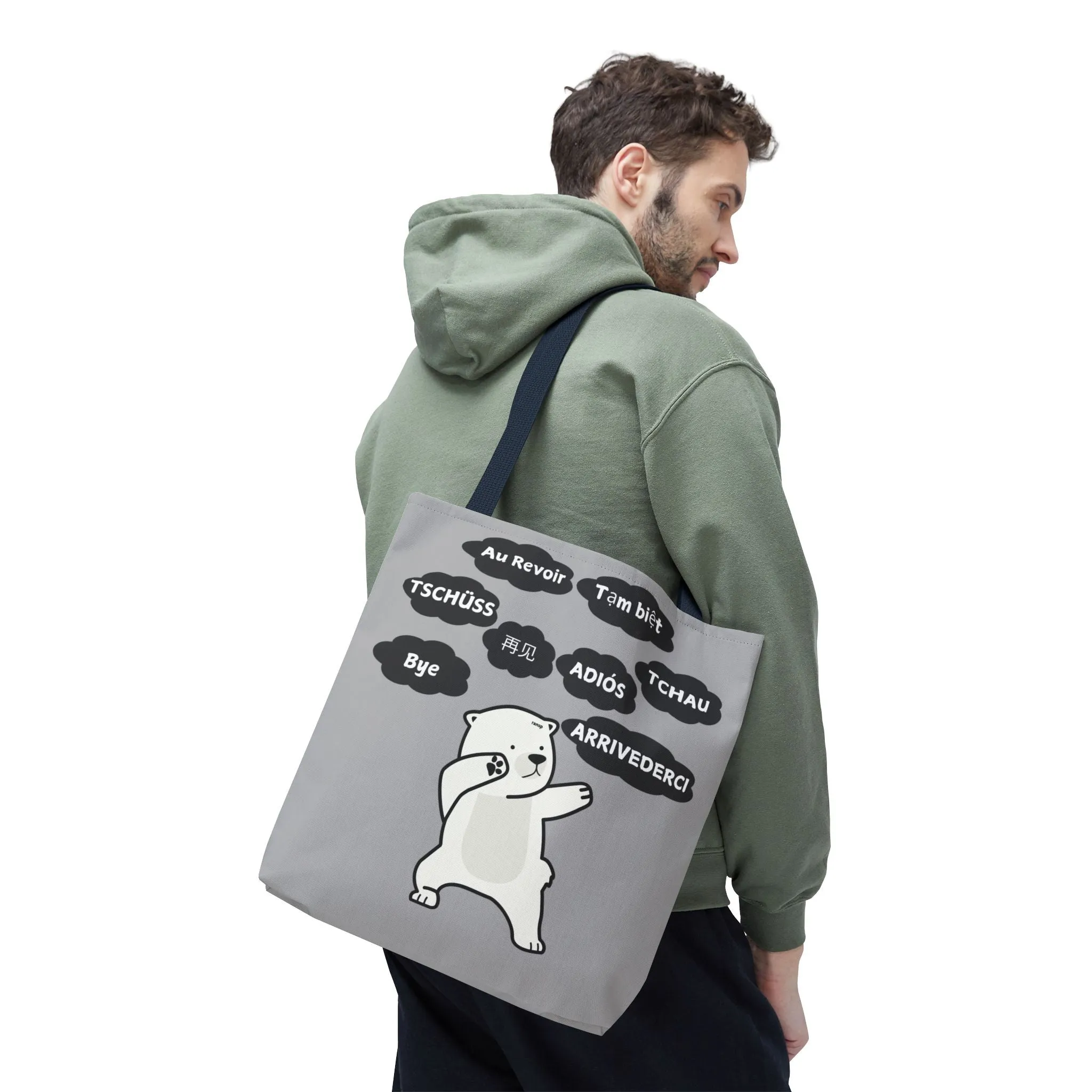 Light Grey Multilingual Farewell Tote Bag with Dancing Bear Design- Perfect for Friendship Gifts, Bag for Shopping, Everyday Shopping bag