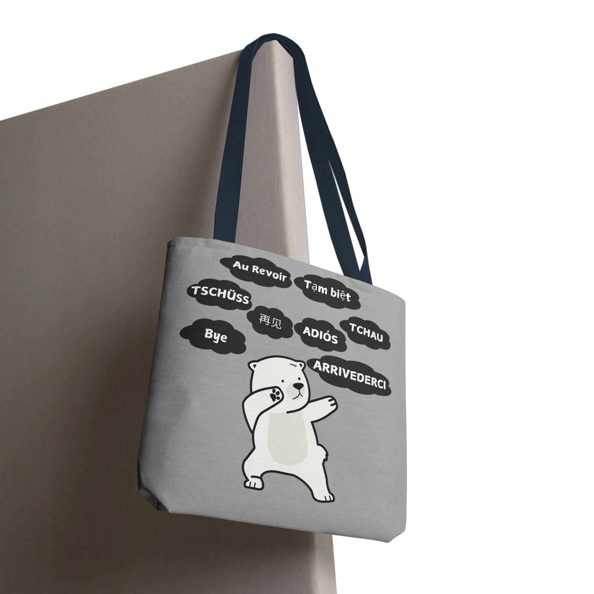 Light Grey Multilingual Farewell Tote Bag with Dancing Bear Design- Perfect for Friendship Gifts, Bag for Shopping, Everyday Shopping bag
