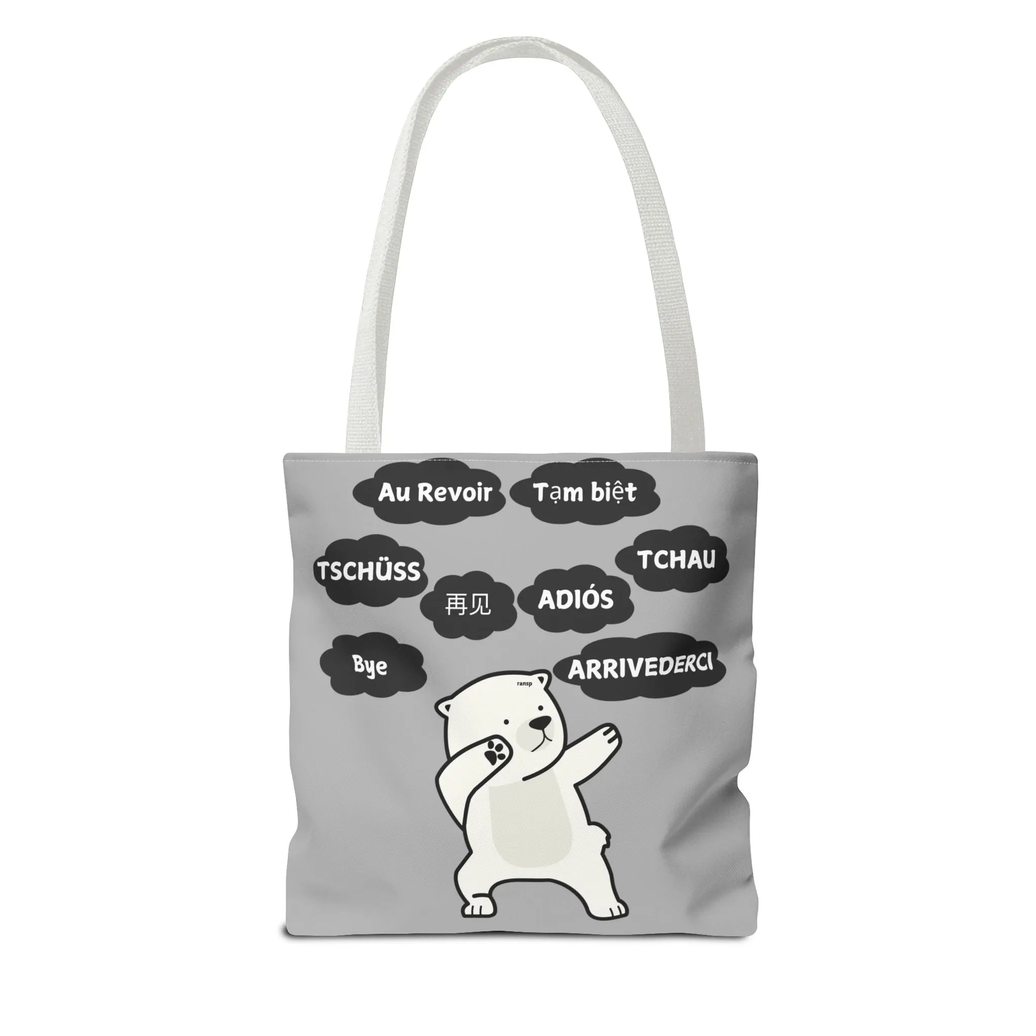 Light Grey Multilingual Farewell Tote Bag with Dancing Bear Design- Perfect for Friendship Gifts, Bag for Shopping, Everyday Shopping bag