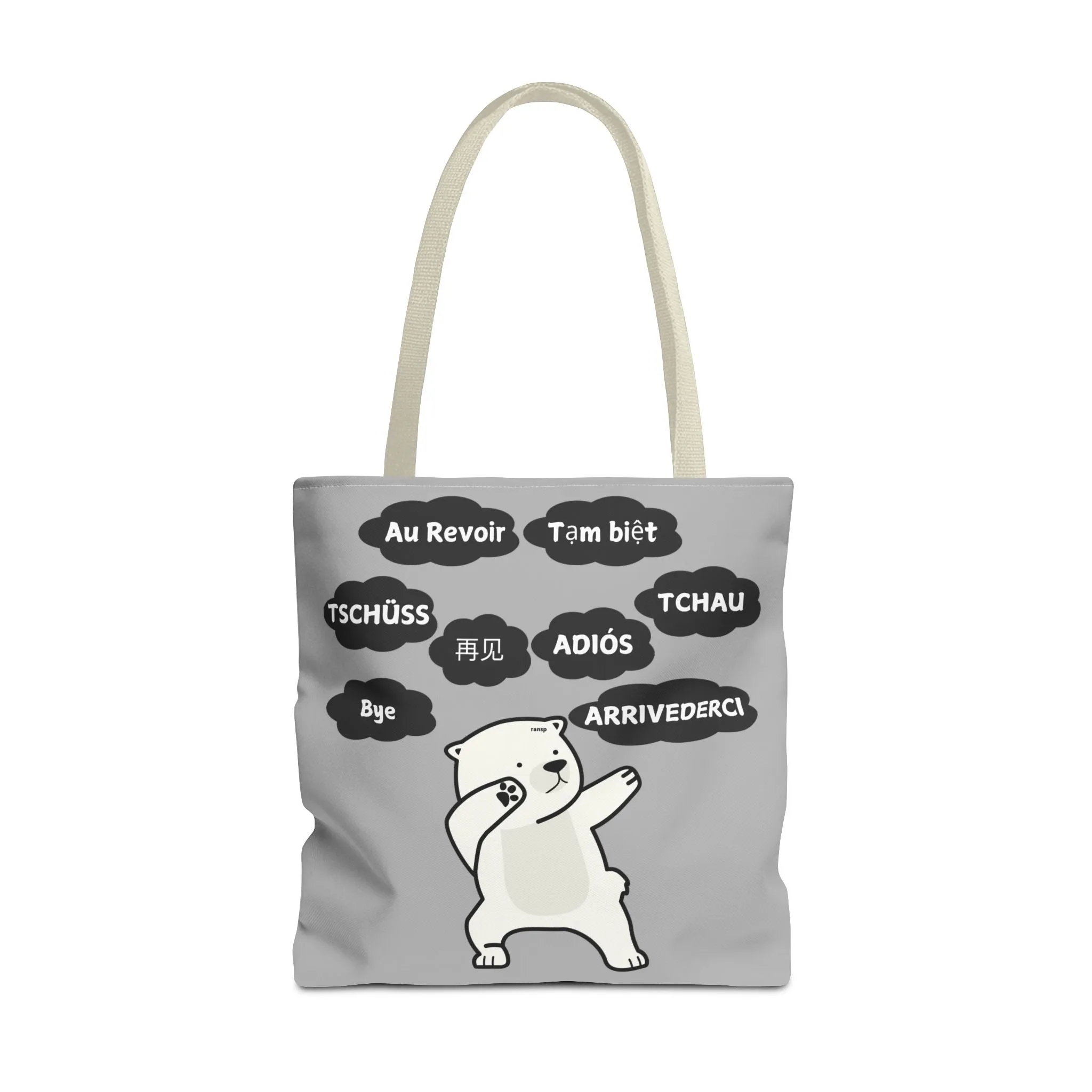 Light Grey Multilingual Farewell Tote Bag with Dancing Bear Design- Perfect for Friendship Gifts, Bag for Shopping, Everyday Shopping bag