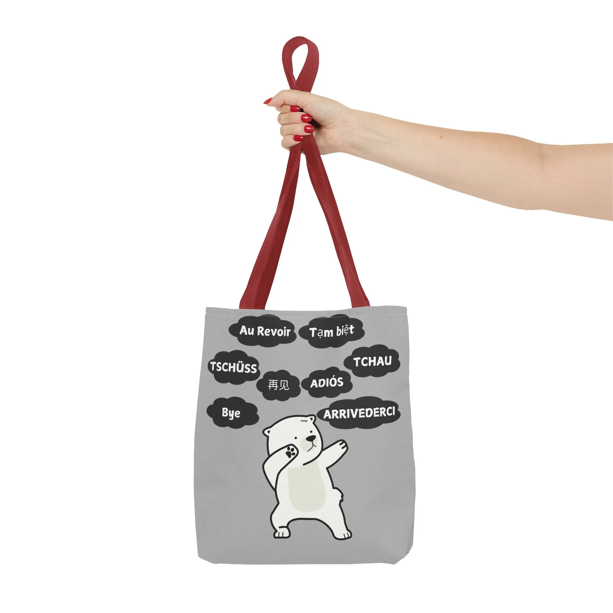 Light Grey Multilingual Farewell Tote Bag with Dancing Bear Design- Perfect for Friendship Gifts, Bag for Shopping, Everyday Shopping bag